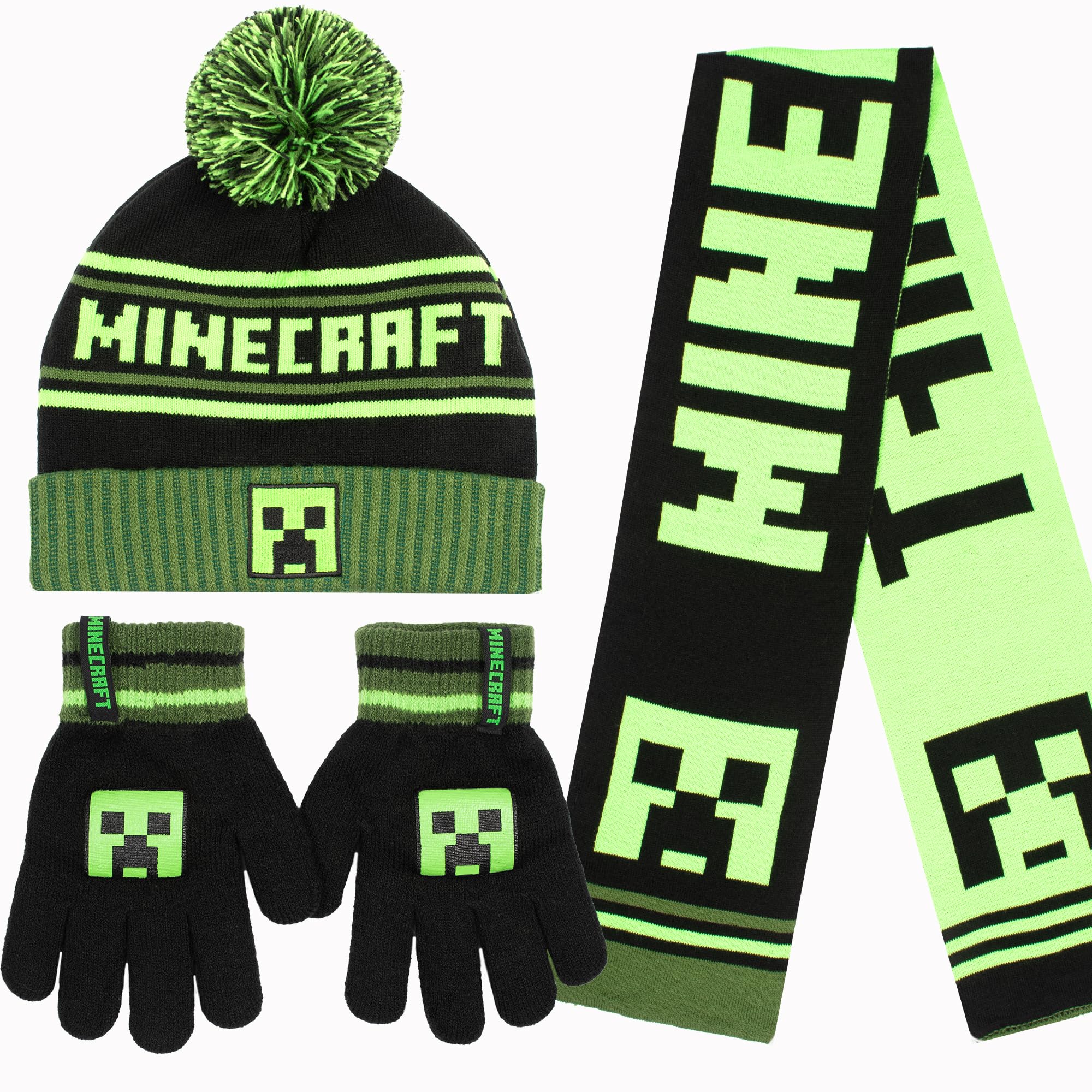 Minecraft Winter Hat & Scarf Set Knitted 3pcs Warm Gloves for Boys age 5-12 Years Comfy Beanie Cold Weather Gift for Boys
