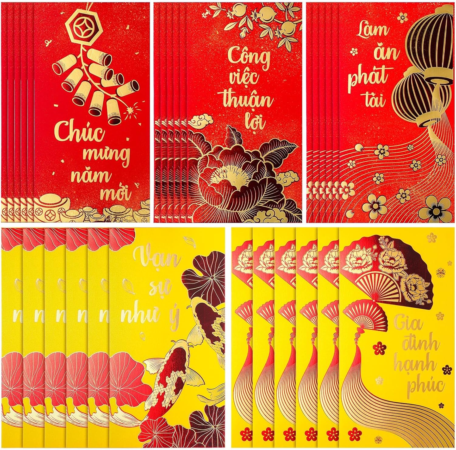 Zhanmai 30 Pcs Vietnamese New Year Red and Yellow Lucky Money Envelope Set 6.69 Inch x 3.54 Inch Various 5 Designs New Year Products for Gifts Family Friends (Year of the Horse)