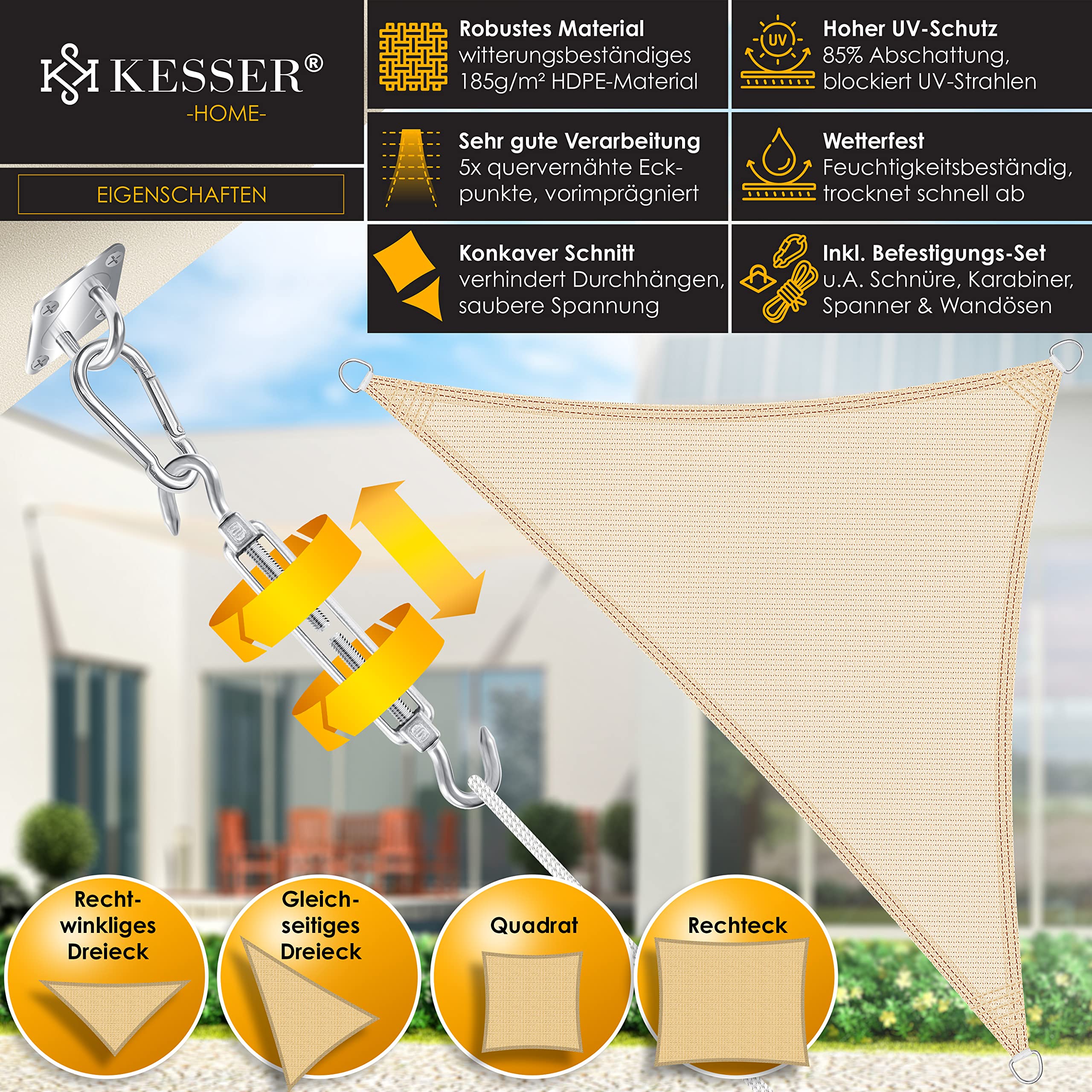 KESSER® Sonnensegel Sonnenschutz Windschutz | HDPE Gewebe | wasserabweisend & windabweisend | Dreieck 5x5x5m | 5-Fach quer vernäht robust & stabil Schattenspender Garten Balkon Terrasse Creme
