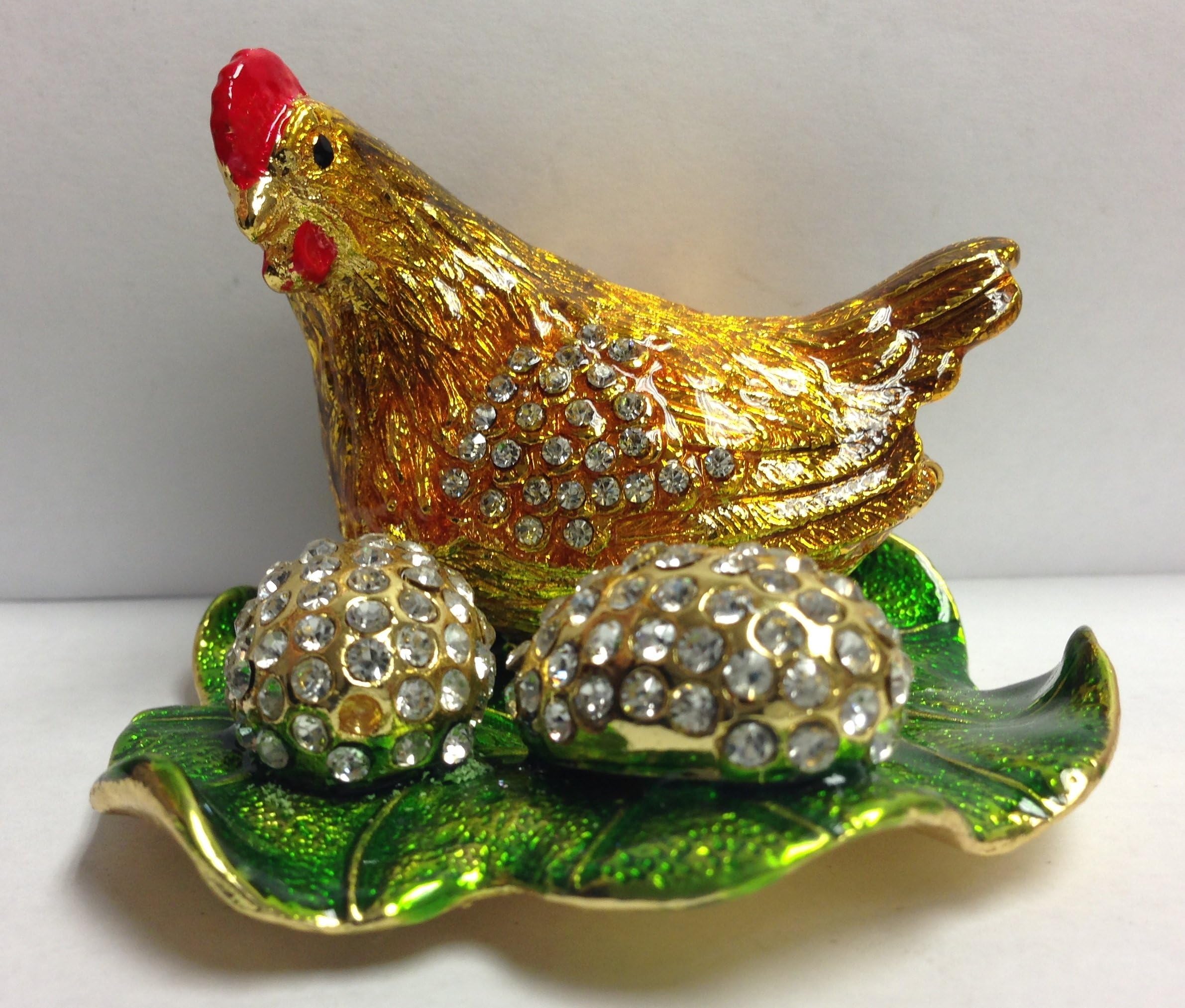 Bejeweled Hen and Eggs Trinket Jewelry Box - with 2 Bejeweled Eggs