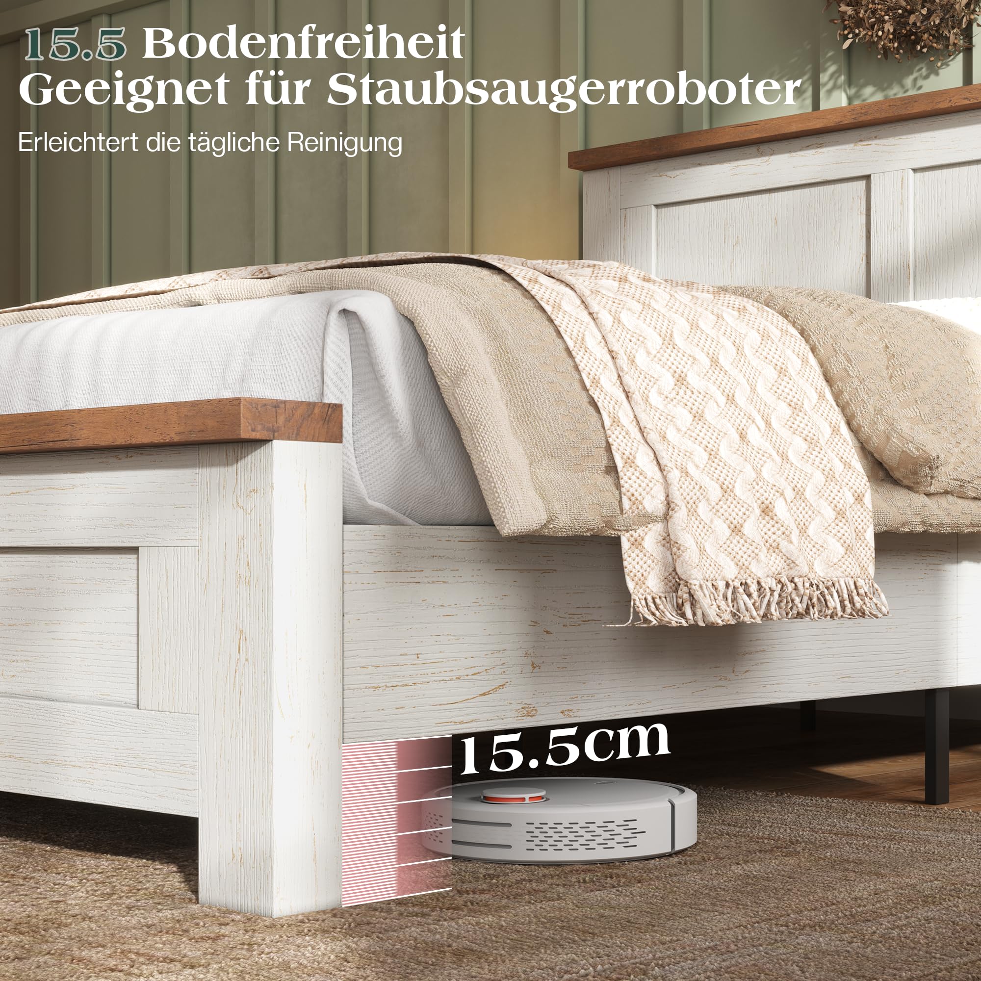 LUXOAK Bett mit Lattenrost, Bettgestell in Holzoptik mit Kopfteil im Rillen-Design, Modernes Holzbett im skandinavischen Stil, 15,5 cm Bodenfreiheit,Weiß (Weiß, 160 × 200 cm)