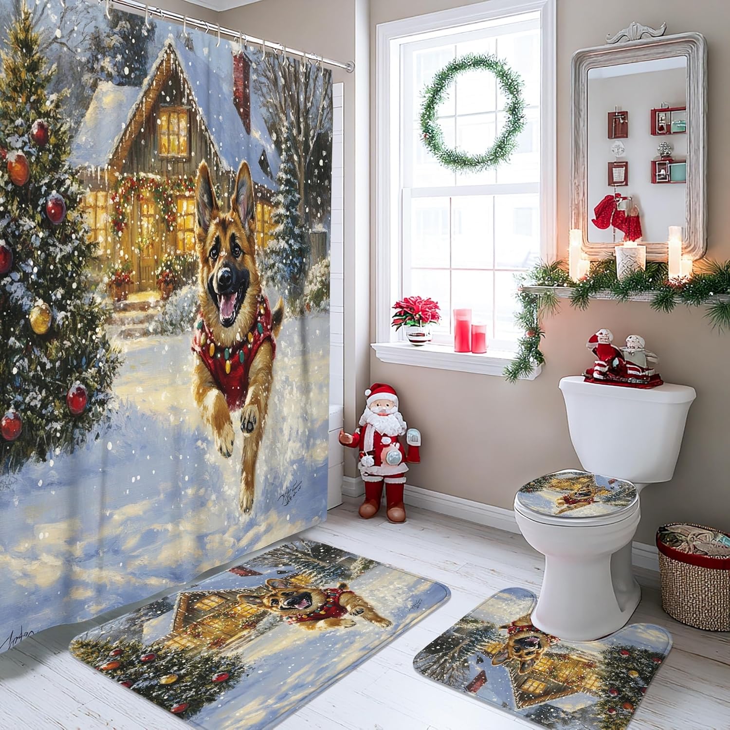 4PCS Christmas German Shepherd Dog Bathroom Sets with Non-Slip Rug, U Shape Toilet Lid Cover Mat, Winter Snow Xmas Puppy Bathroom Decoration 72''x72''