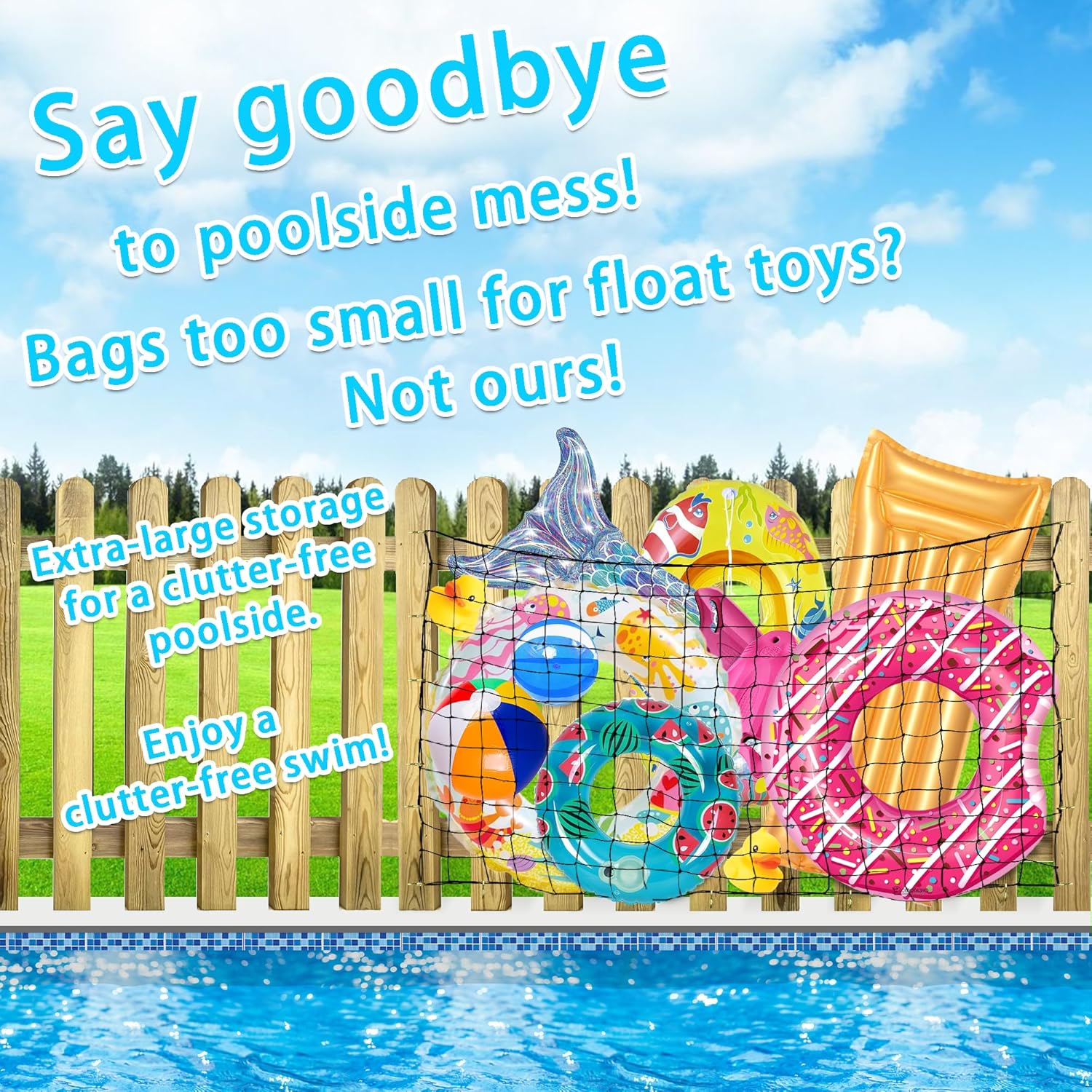 Extra Large Pool Toy Float Storage Net with 20 Windproof Screw Windproof Hooks, 71 x 47in Hangin Heavy Duty Elastic Mesh Pool Float Storage Net for Inflatable Rafts, Noodles, Balls, Chairs