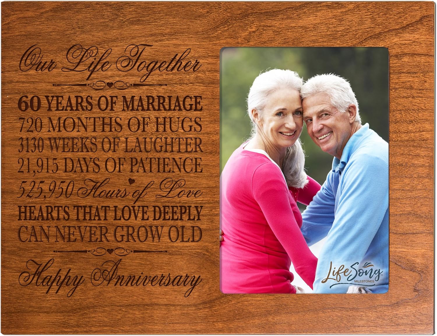 60th for her him 60 Year Wedding for Couple Parents Celebration Picture Frame Holds 4x6 Photo 8" H X 10" W (Ivory)