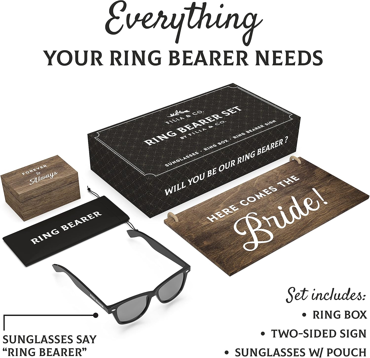 Ring Bearer Gift Set by Stache & Sons | Box Includes Two-Sided Sign, Ring Bearer Sunglasses, Wedding Ring Box | Ring Bearer Proposal | Ring Bearer Gifts