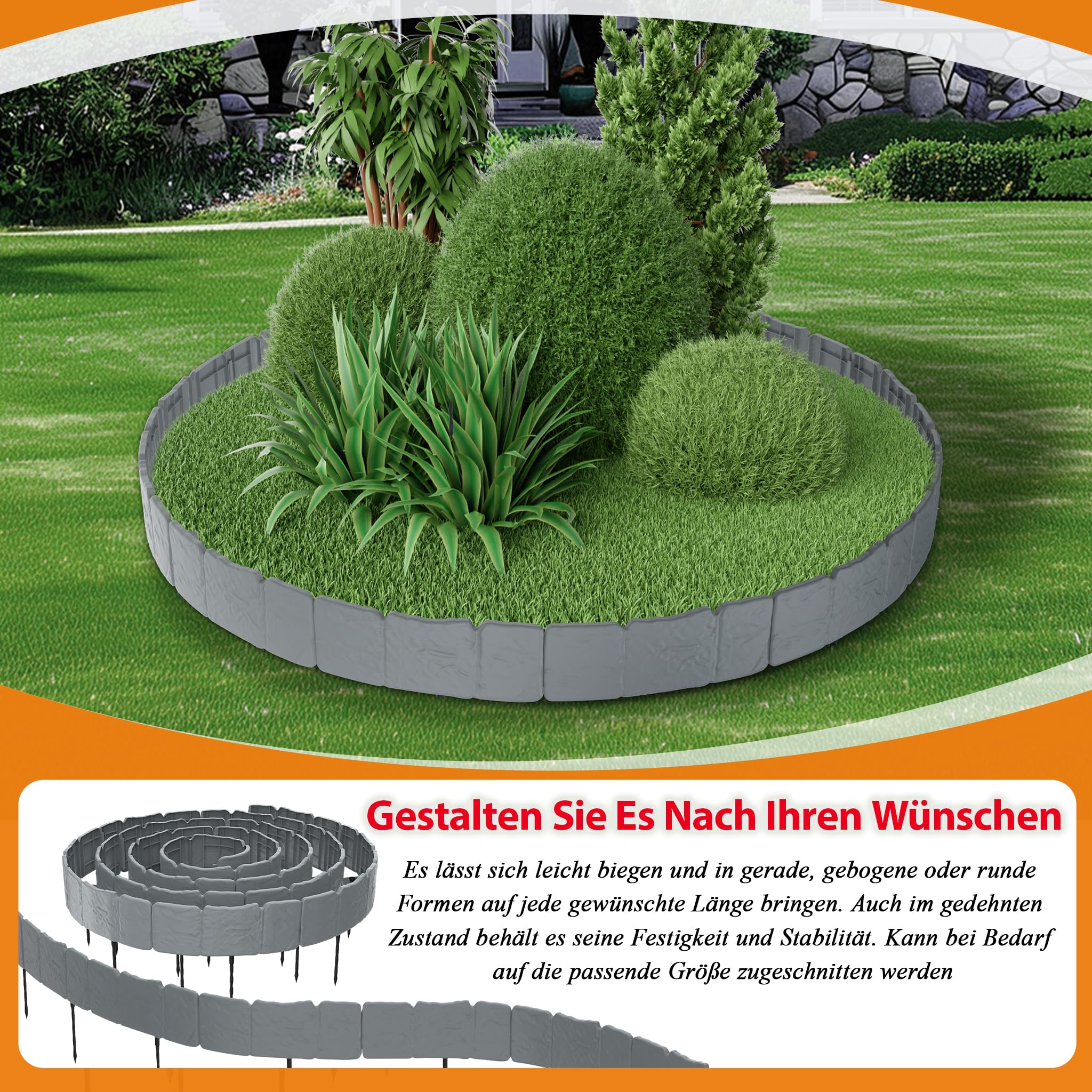 YUENFONG 5 m de borde de césped de plástico con aspecto de piedra, borde cortacésped con 20 estacas de suelo, valla de jardín, valla de jardín, 20 unidades, antracita