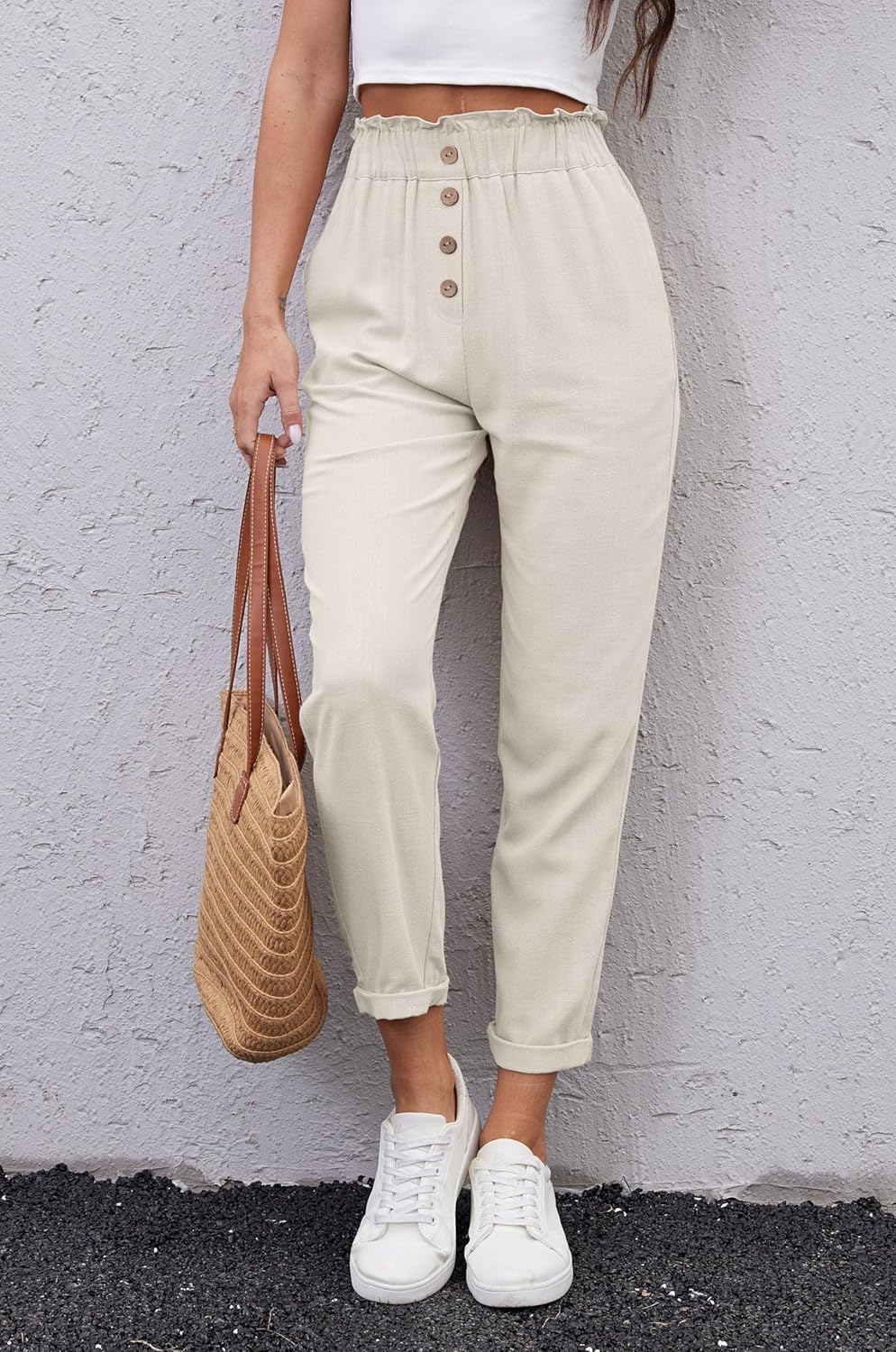 Fakanhui Women's Linen Work Pants Summer Dressy Casual Business High Waist Paperbag Cropped Pants Trouser - Image 2