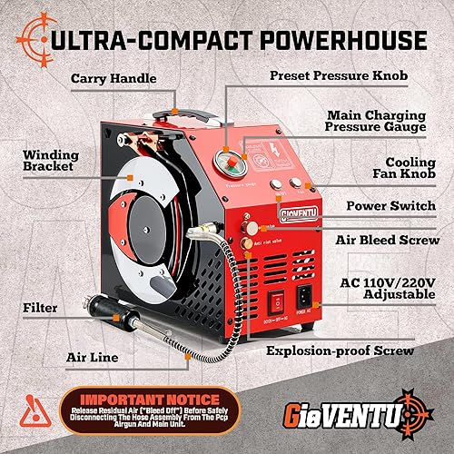 Miniatura 5 de Compresor de aire PCP 4500PSI30MPa, compresor de pistola de aire PCP de llenado rápido, apagado automático, sin aceiteagua, doble potencia 12V110V,