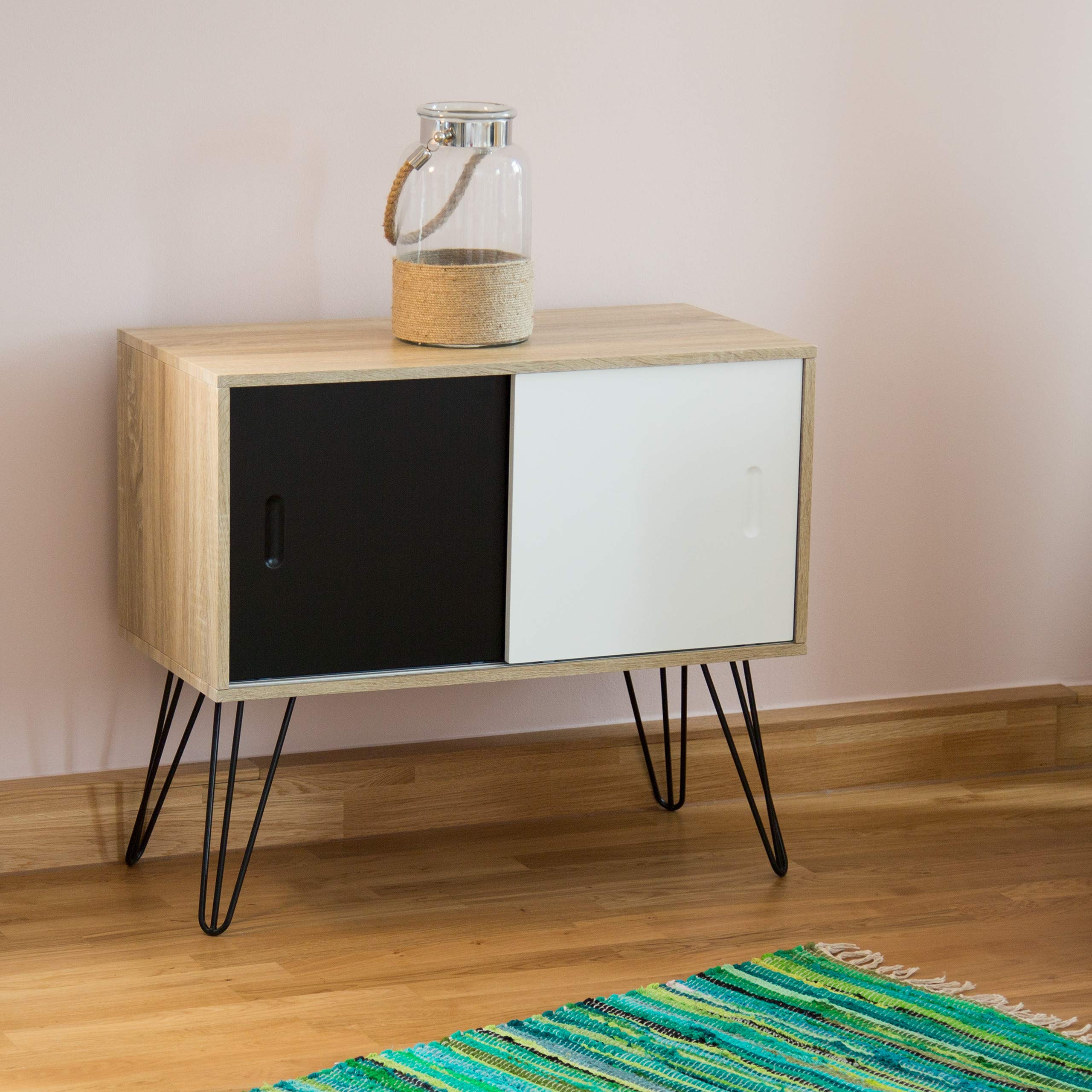 Relaxdays Credenza Retrò, Design Anni'60, in Legno e Metallo, Stile Scandinavo, HxLxP: 70x80x40 cm, Bianco/Nero/Beige