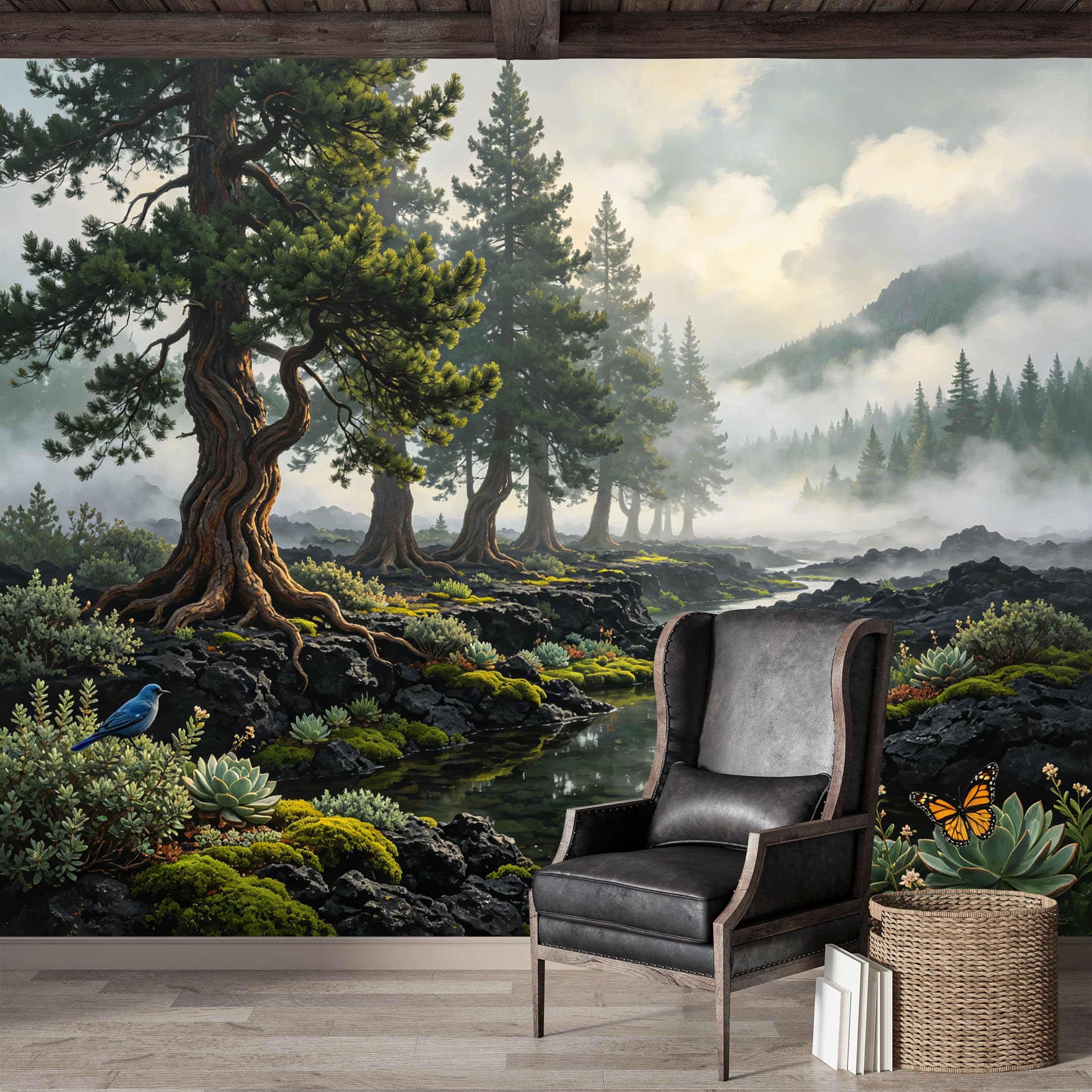 Custom Size Wall Mural,Tranquil Forest Stream Rocky Landscape Watercolor Premium Water Activated SelfAdhesive Wallpaper,Removable Wall Covering for Indoor Home Decor