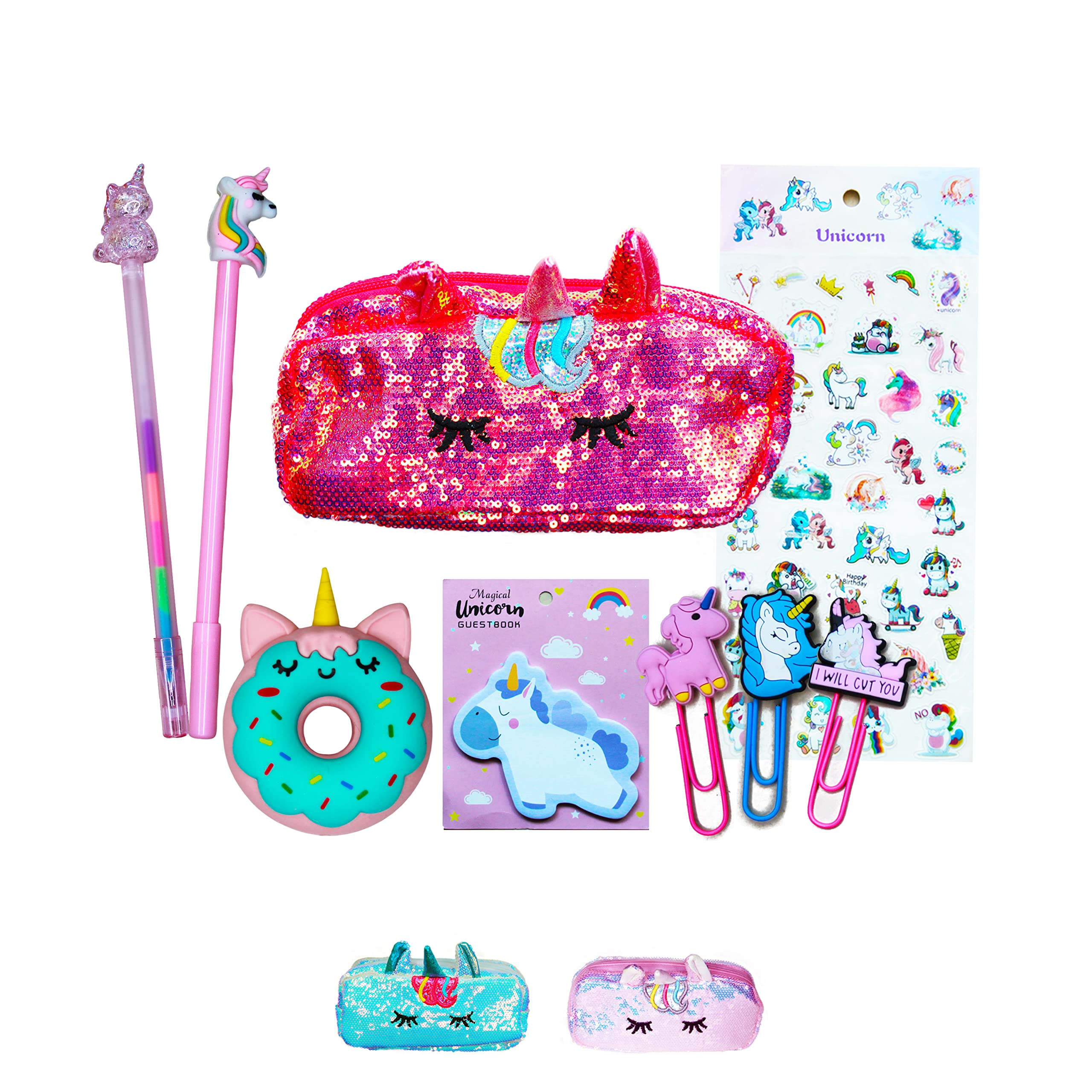 Unicorn Pencil Case for Girls, Multi Slot Large Capacity Pencil Case for Kids with Gel Pens, Eraser, Stickers & Tattoos, Eid Gift Set - Glamorous RED