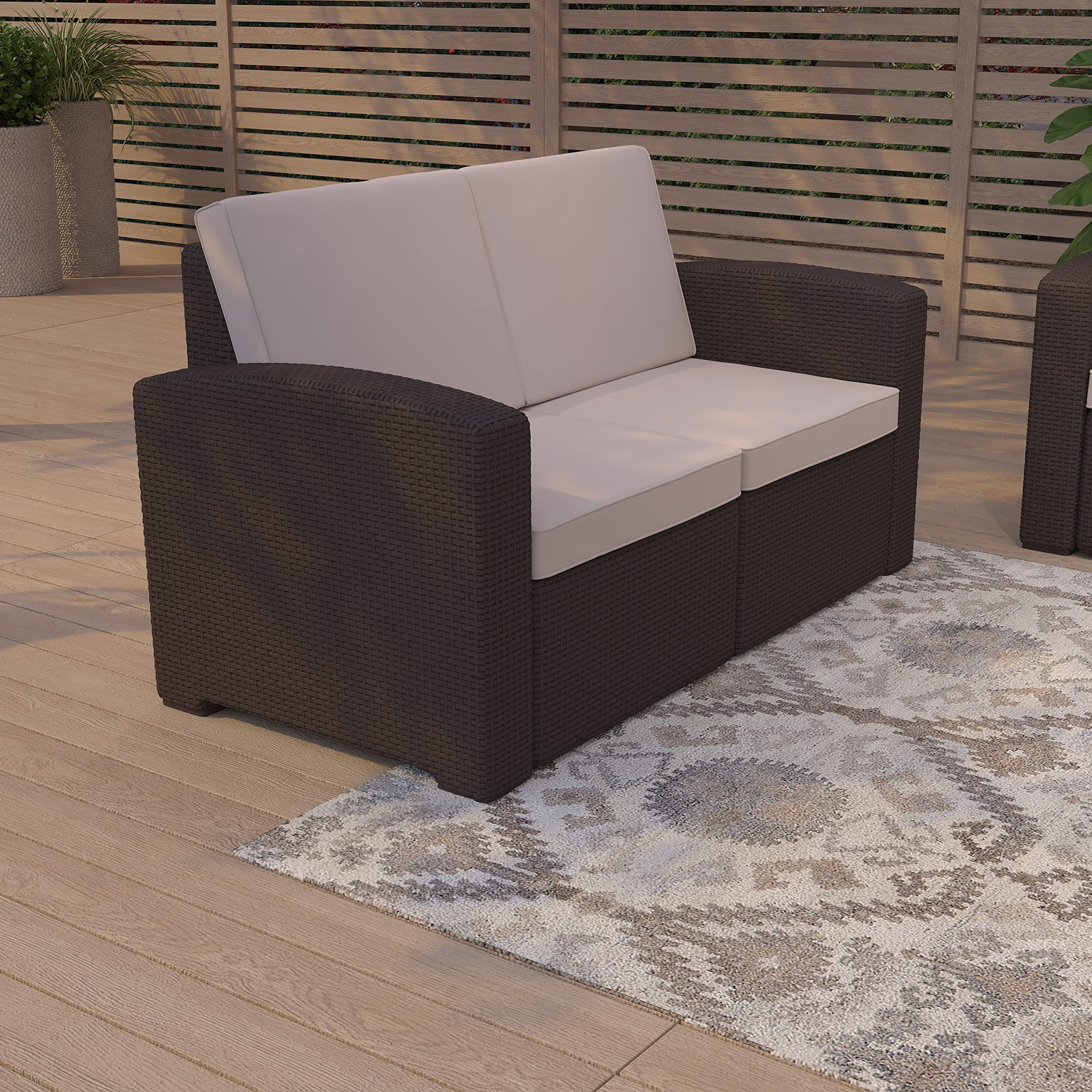 Diagram showing the dimensions of the Merrick Lane Malmok Outdoor Loveseat: 55.5 inches W, 28 inches D, 32 inches H.