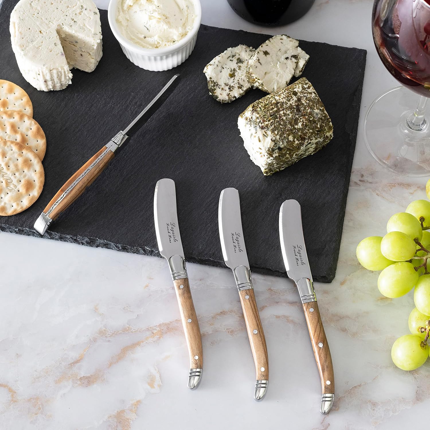 French Home Connoisseur Laguiole 4-Piece Spreader Set – Cream Cheese Spreader Knife set with Three-Rivet Olive Wood Handles and Iconic Bee Emblem - Appetizer Knife Spreaders