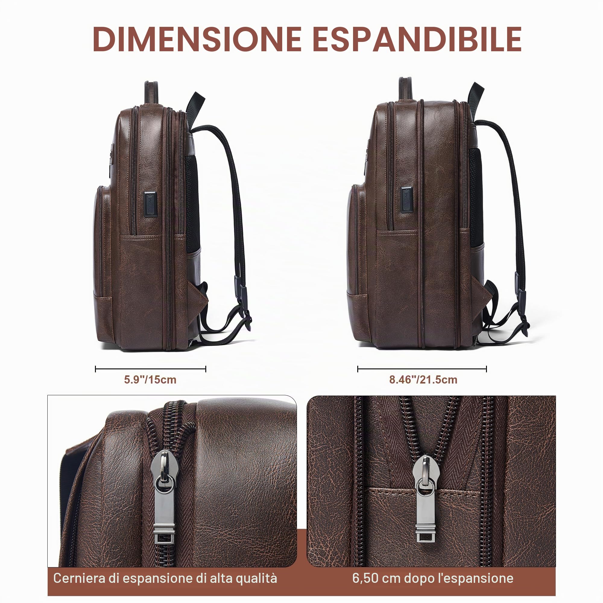 Shrrie cuoio laptop zaino per donne e uomini, 16 pollici impermeabile computer zaino, con connessione di ricarica USB，28 L estensibile lavoro Business Weekender College,Caffè