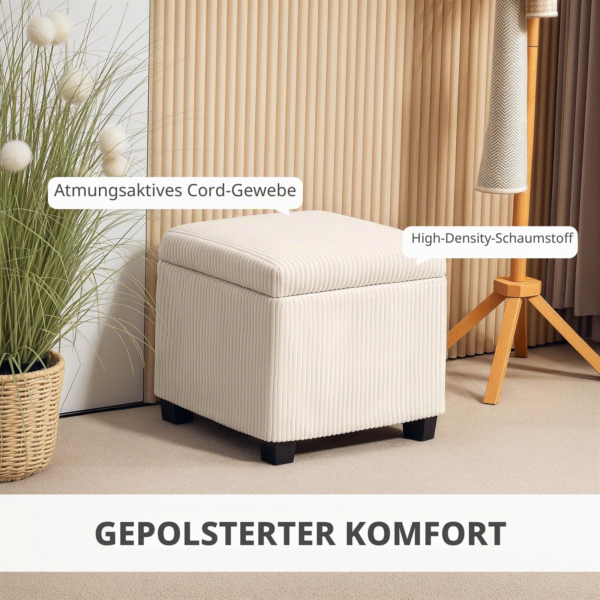 HOMCOM 40 cm quadratische Ottomane Aufbewahrungsbox mit abnehmbarem Deckel, gepolsterter Cord-Fußhocker, Fußstütze für Wohnzimmer, Schlafzimmer, Eingangsbereich, Beige