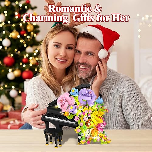 Miniatura 6 de QIFUN Juego de decoración de ramo de flores de piano, flores artificiales con rosas Campanula, regalos de decoración del hogar para el Día de la