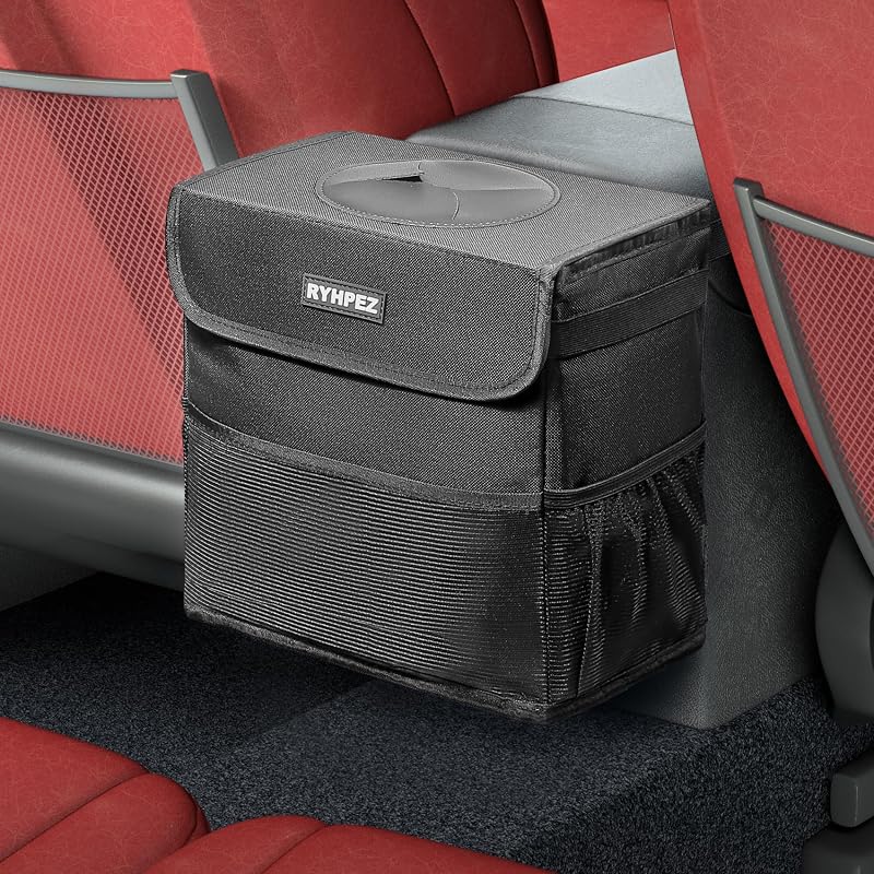 Lixeira automotiva dobrável Ryhpez com tampa e bolsos, 9 L, preta