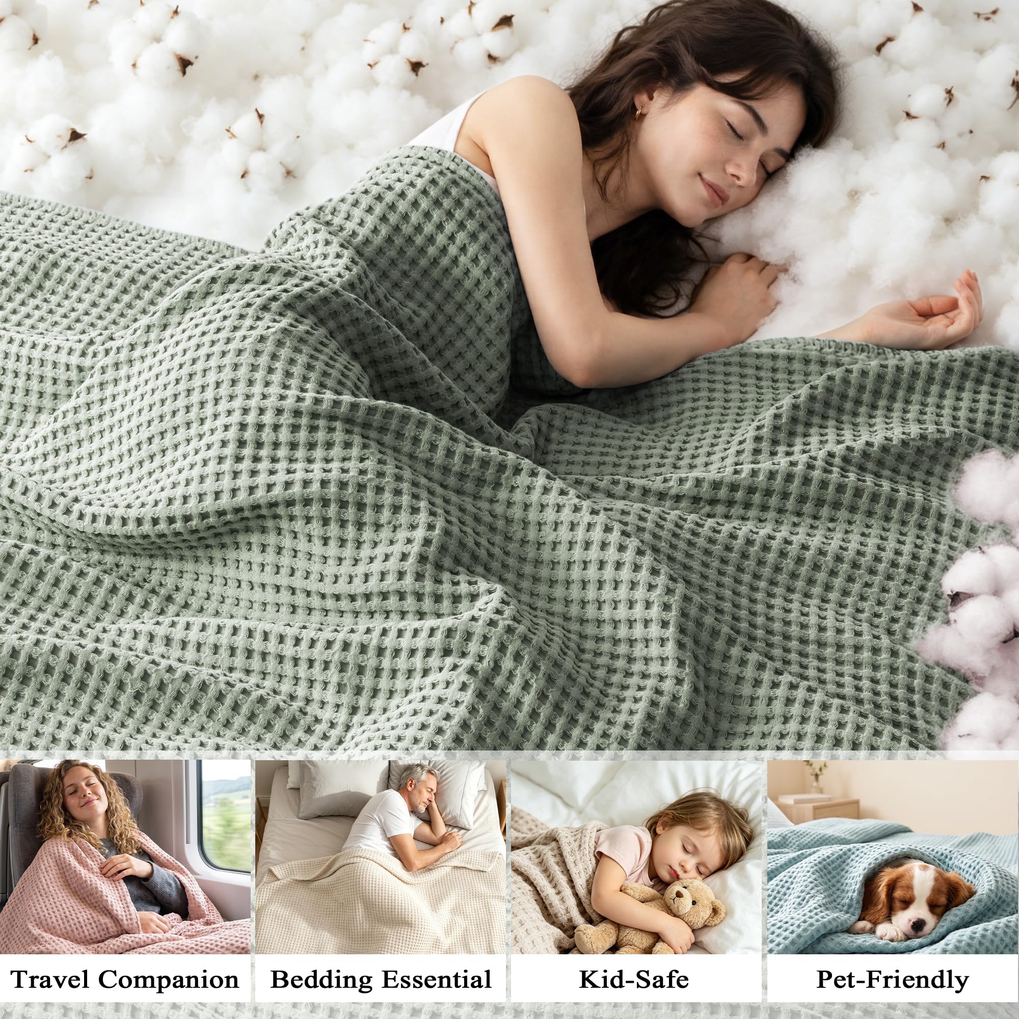 Exclusivo Mezcla Manta para Cama de Verano de 100% Algodón, Manta para Sofá de Gofre, Colcha Multiusos Ligera y Transpirable, Lavable a Máquina y Secable, 230 x 270 cm, Verde-Gris