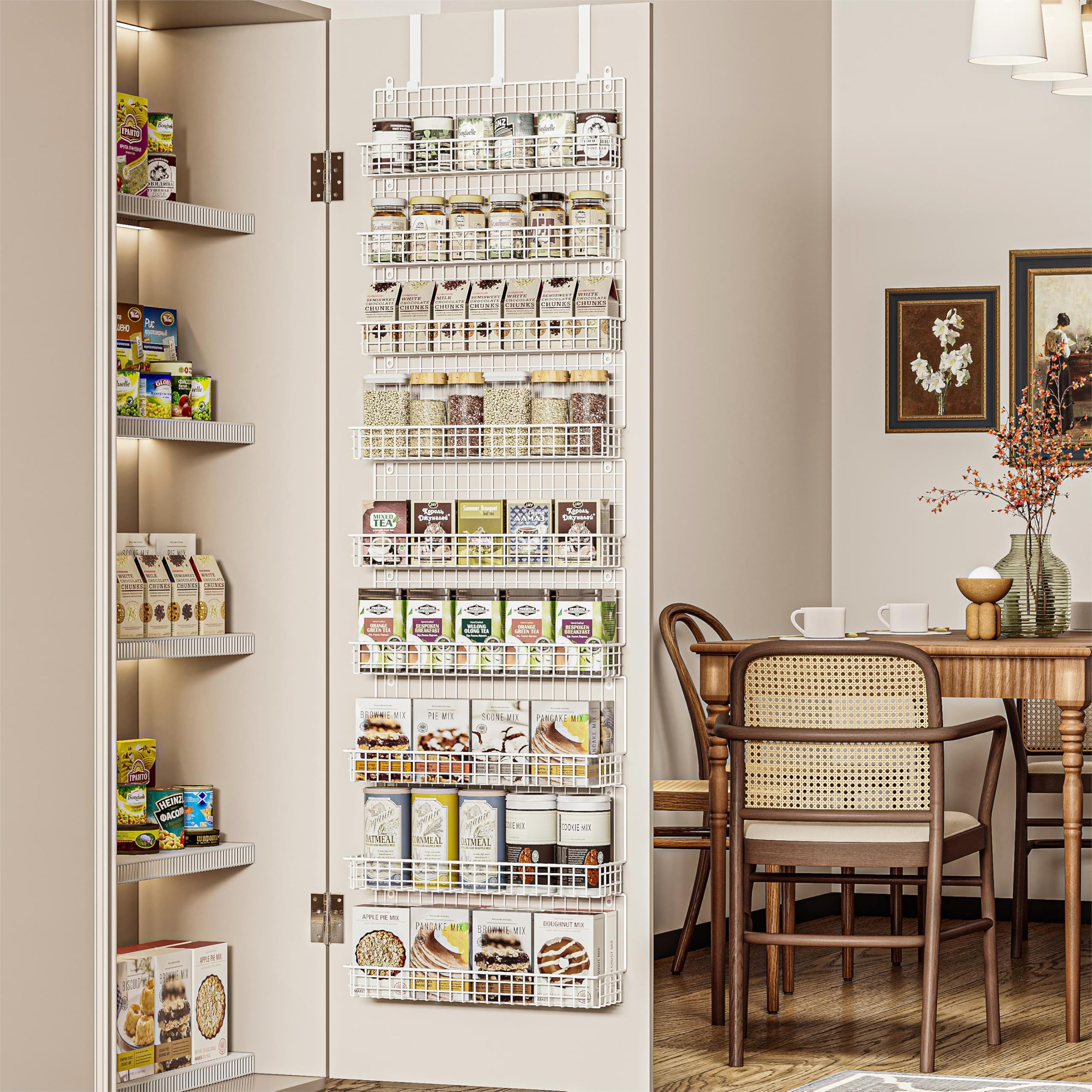 JKsmart Organizador de especias de 9 niveles con gancho para puerta, montaje en pared y capacidad extra grande para despensa, elegante diseño blanco para una organización sin esfuerzo, la mejor