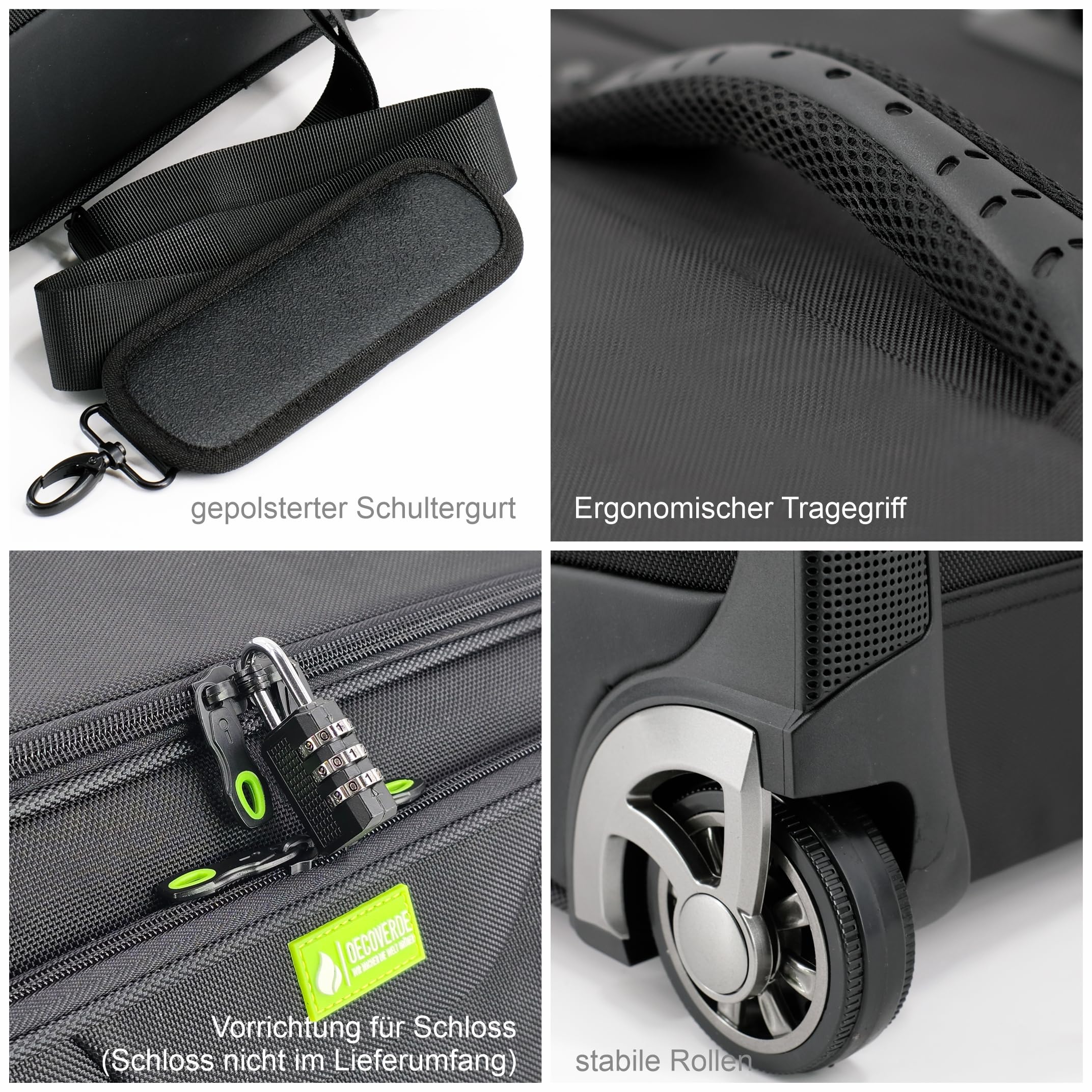 Aktenkoffer mit Rollen – XL Aktenkoffer Trolley aus recyceltem Polyester (rPET) für 5 A4 Aktenordner, Pilotenkoffer Business, schwarz
