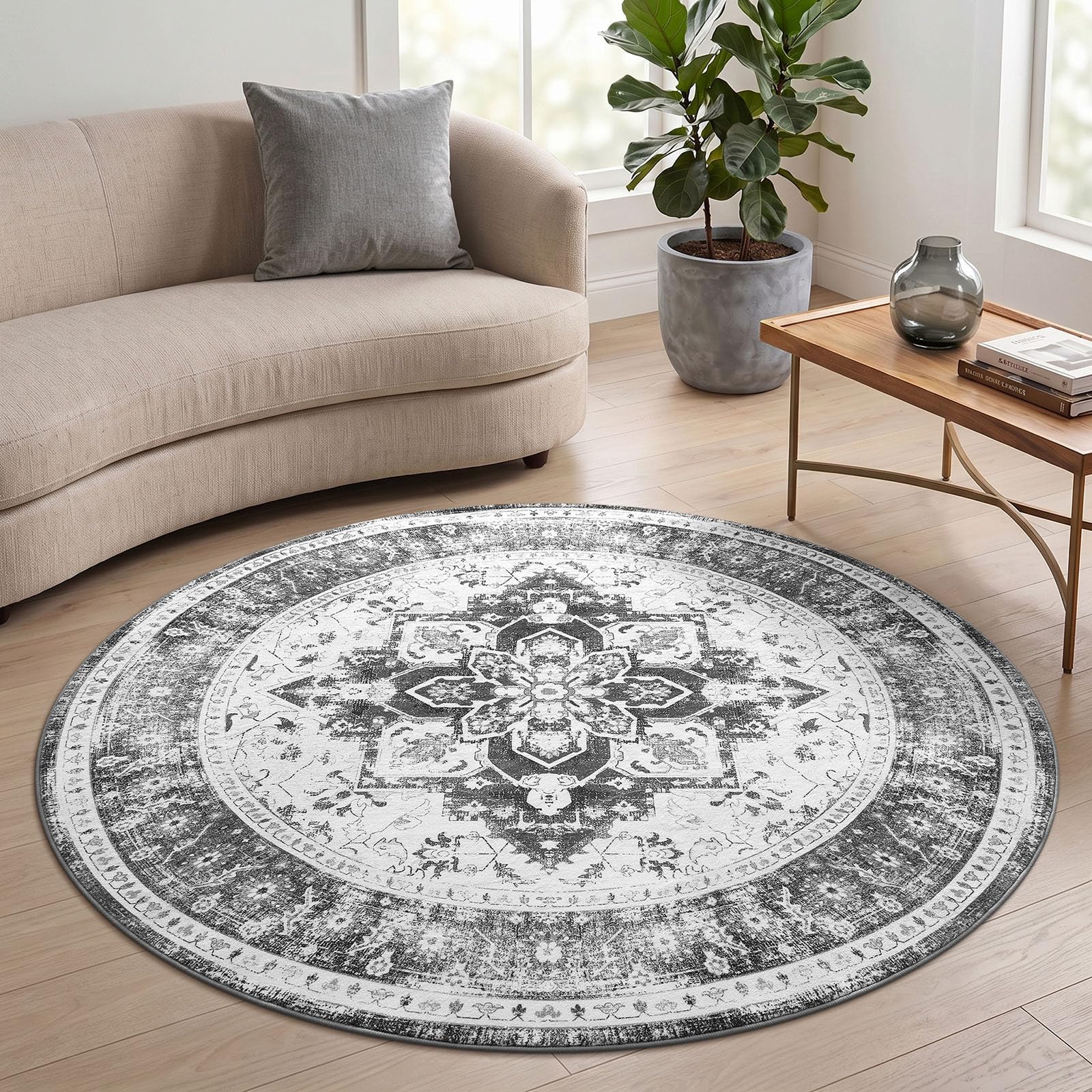 Homaxy Vintage Rugs Living Room Washable Anti Slip Small Rug Low Pile Boho Lounge Carpet for Bedroom, Nursery, Kitchen - 120 cm Round, Distressed Grey