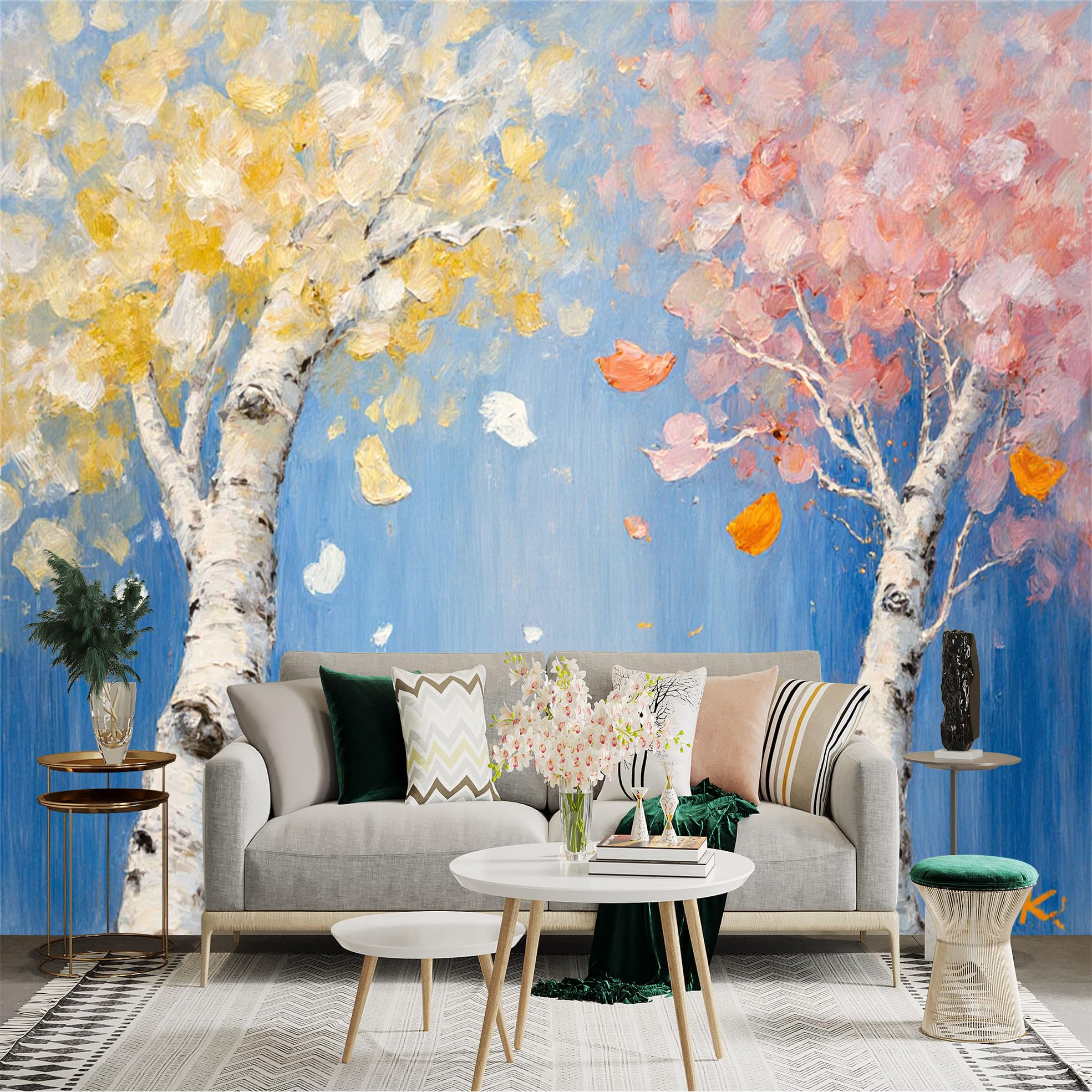 Custom Size Wall Sticker Mural， Abstract Birch Trees， Yellow and Pink Foliage， Palette Knife Oil Painting Art， for wall Decoration， peelandstick wall Decals.