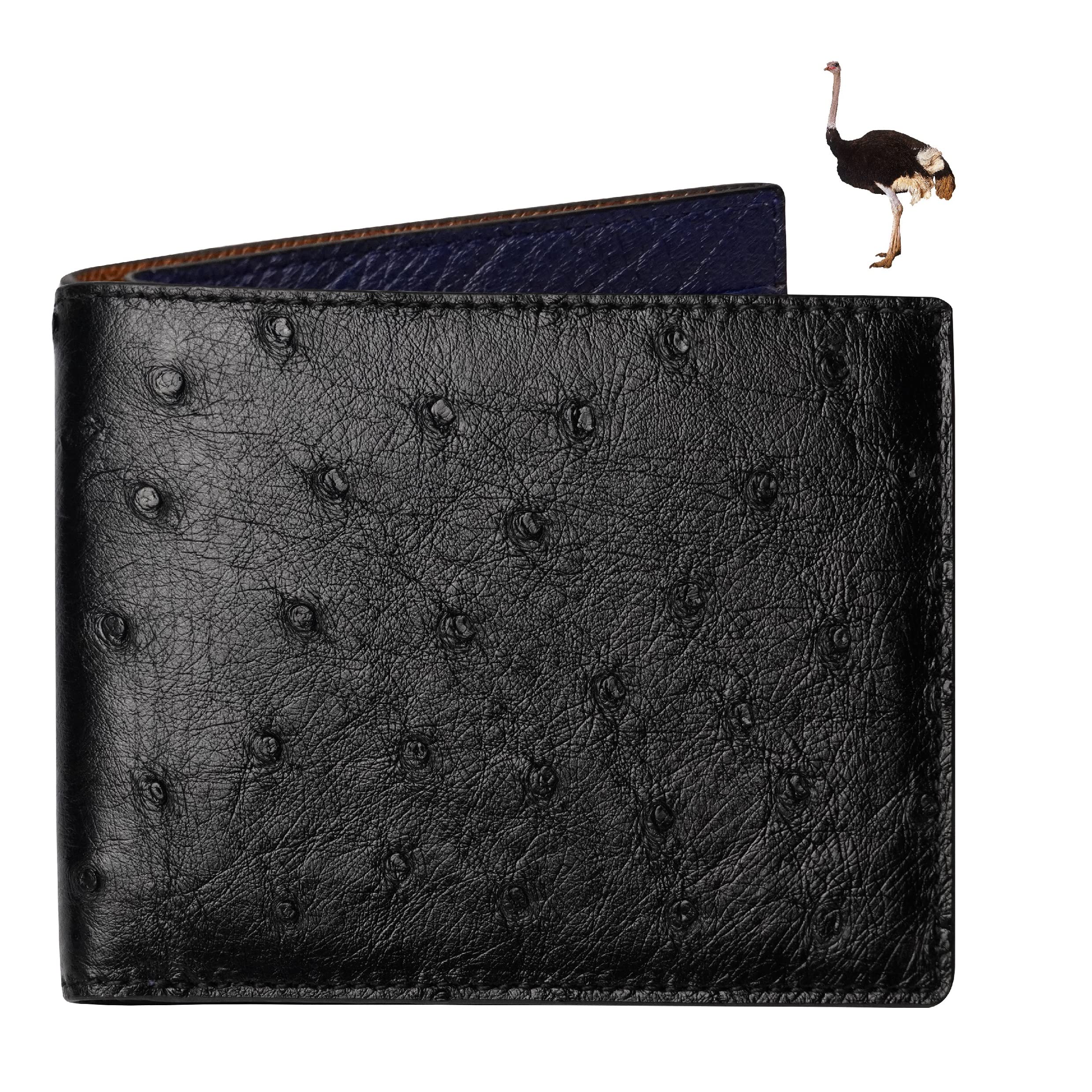 HATA Black Blue Ostrich Leather Bifold Wallet for Men, Double-Sided Ostrich Billfold with RFID Blocking, Handmade Leather Wallet Gift for Birthday, Anniversary, Father's Day VINAMOS-14