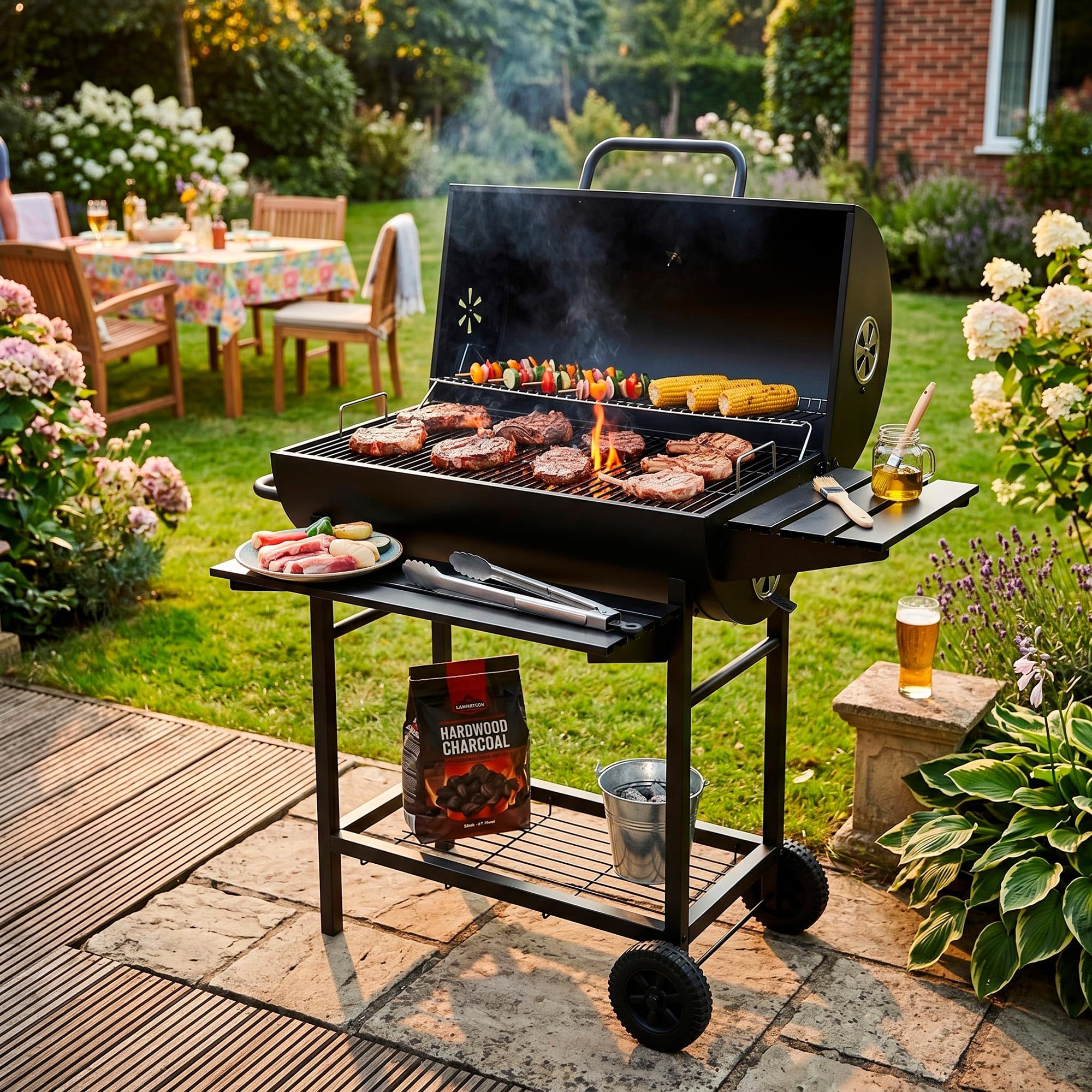 Springos Grill na węgiel drzewny, grill na kółkach z kółkami, z regulacją wysokości, misa węglowa, termometr, ruszt do podgrzewania, półki boczne, BBQ Smoker, grill ogrodowy na taras, kemping, balkon