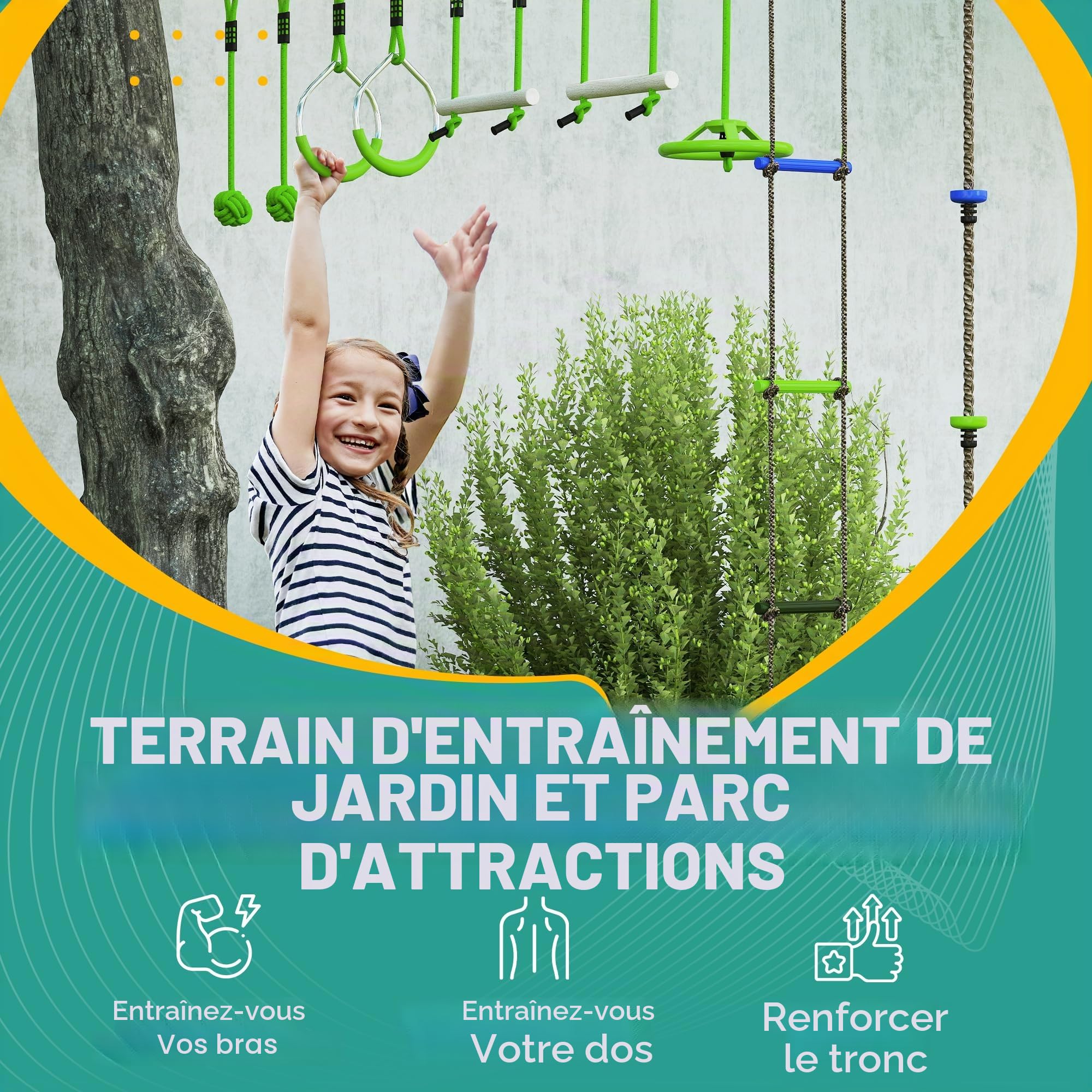 AIYAPLAY Ninja Slackline 10 m pour Enfants Ninja Warrior Ensemble de Parcours d'obstacles avec Anneaux de Gymnastique Slackline, Roue de Spinner, balançoire, Barres d'escalade, Plateau Suspendu,