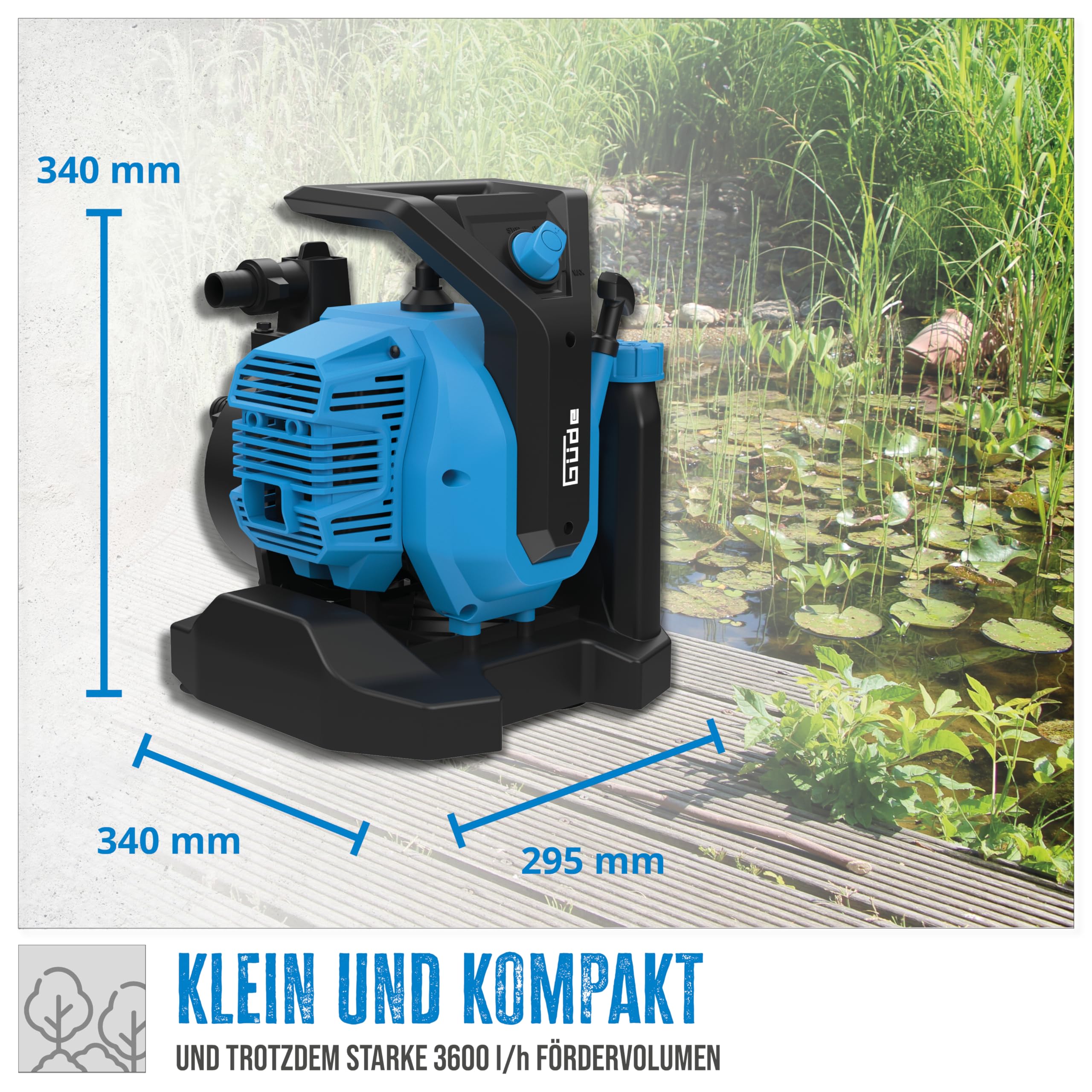 Güde Motorpumpe GMP 7.21 (2-Takt-Motor, 1,45/2 (kW/PS), 52 cm³ Hubraum, 7000 l/h Fördervolumen, 24 m max. Förderhöhe, 8 m max. Ansaughöhe, Pumpengehäuse und Laufrad aus Aluminium-Druckguss)