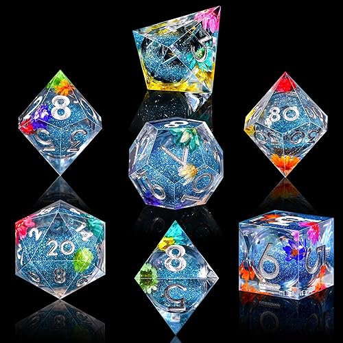 Miniatura 107 de AUSTOR Juego de dados DND de resina de núcleo líquido, de borde afilado, 7 troqueles, juego de dados DND de arena movediza hechos a mano