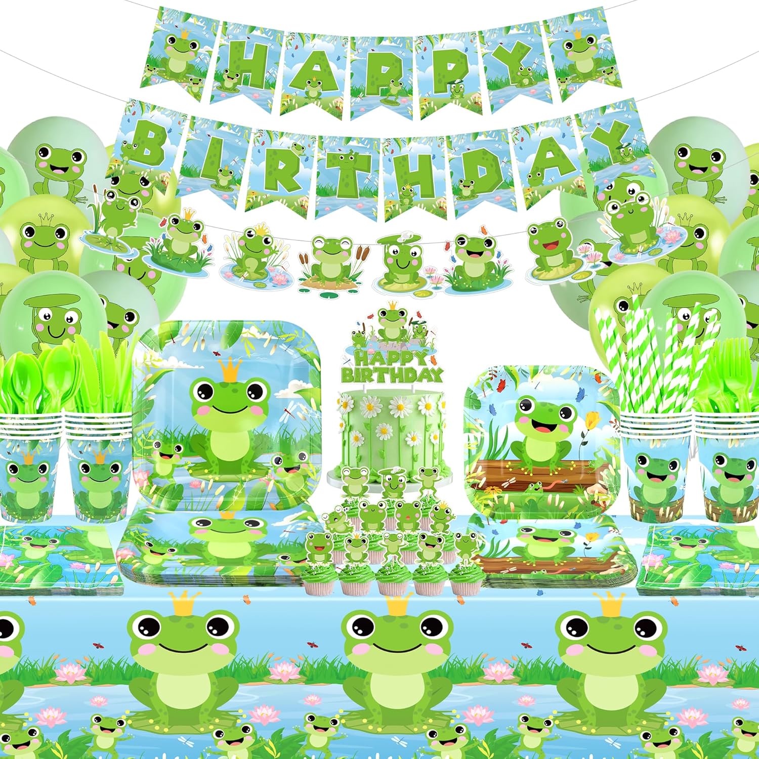 Frog Birthday Party Decorations - Frog Party Supplies including Banner, Plate, Cake Topper, Cup, Napkin, Balloon, Tablecloth for Frog Party Decoration - Serves 20 (B)