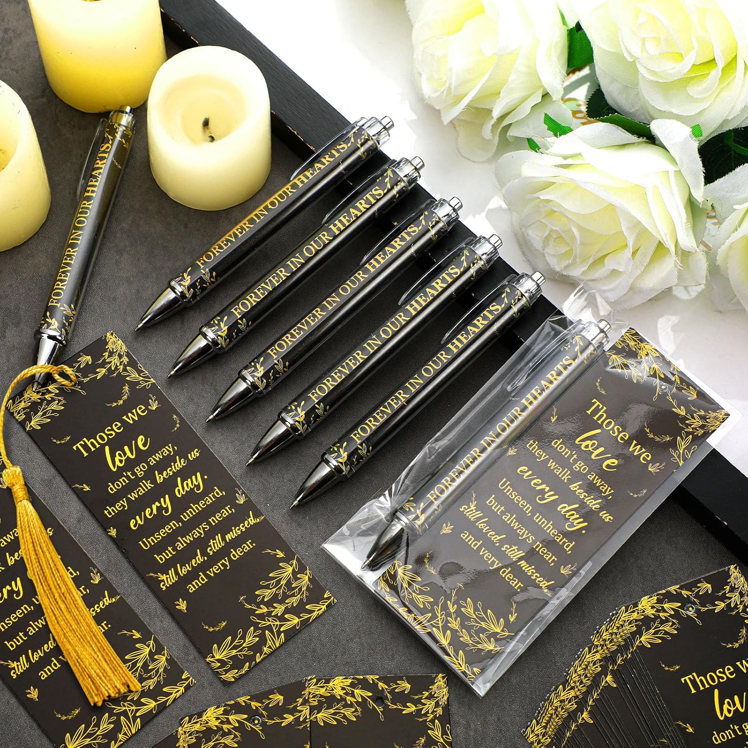 Sayglossy 60 Set Memorial Funeral Favors for Guests Funeral Favors for a Memorial Service Ballpoint Pens and Poem Prayer Bookmarks Celebration of Life Condolence Bereavement Gift(Black Gold)
