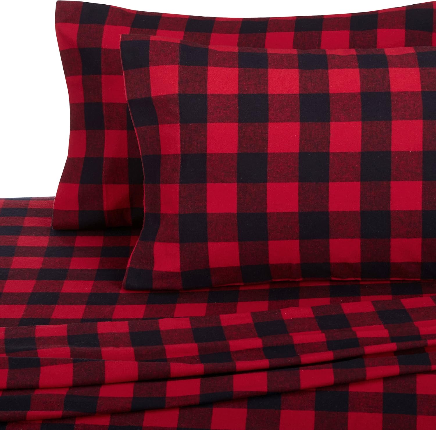 Amazon Brand – Pinzon 160-Gram Plaid Flannel Sheet Set - Queen, Red Buffalo Check