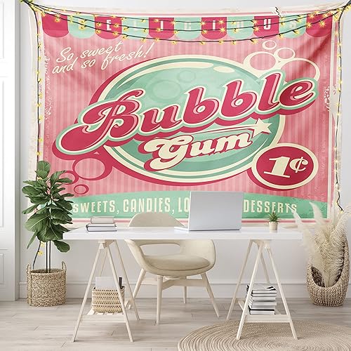 Miniatura 7 de Lunarable Tapiz retro, anuncio para tienda de dulces con fondo de rayas pastel diseño de los años ochenta, decoración de tela para colgar en la