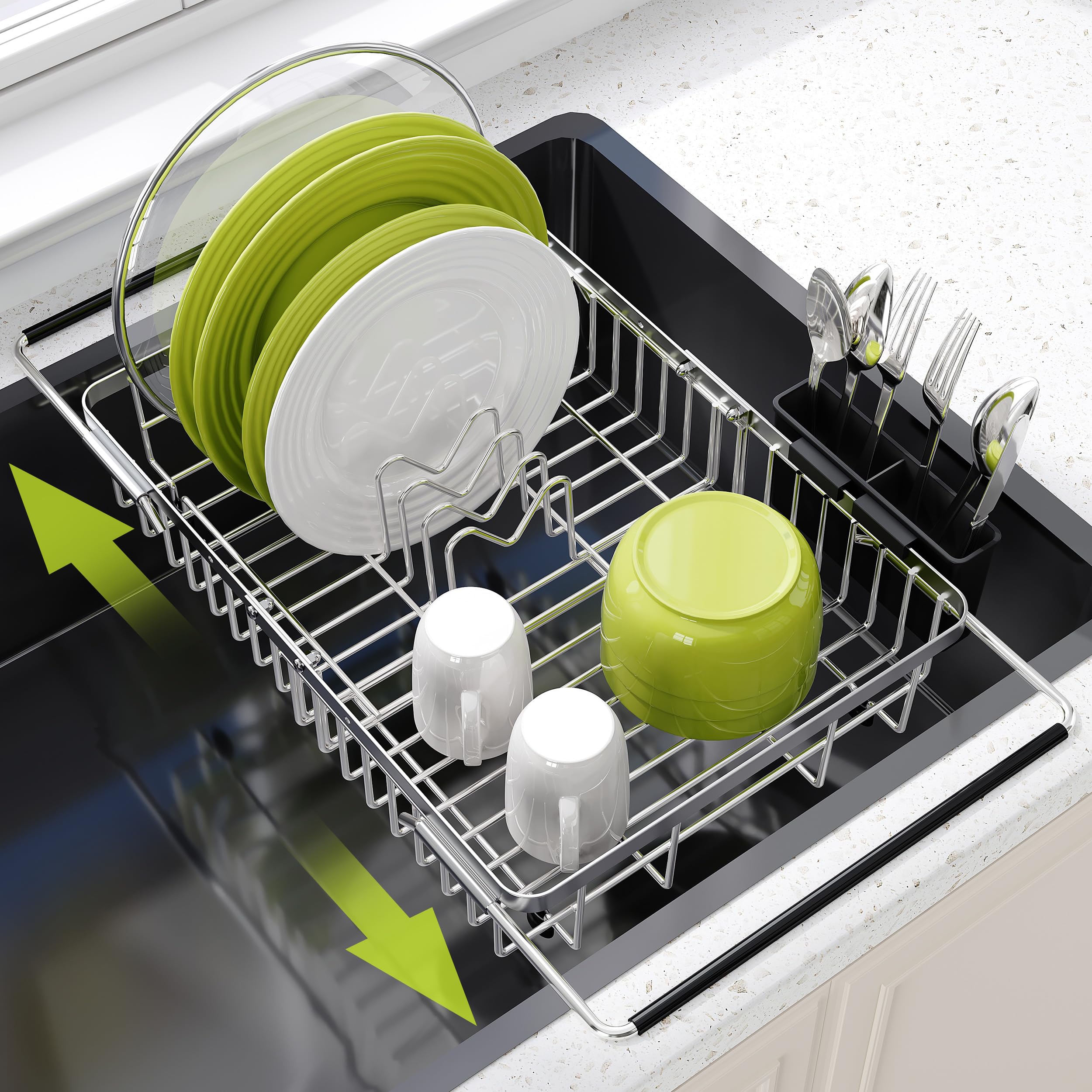 JASIWAY Escurridor de platos extensible de acero inoxidable sobre el fregadero para cocina pequeña, ahorro de espacio, escurridor de platos compacto, soporte de metal ajustable para colgar platos con