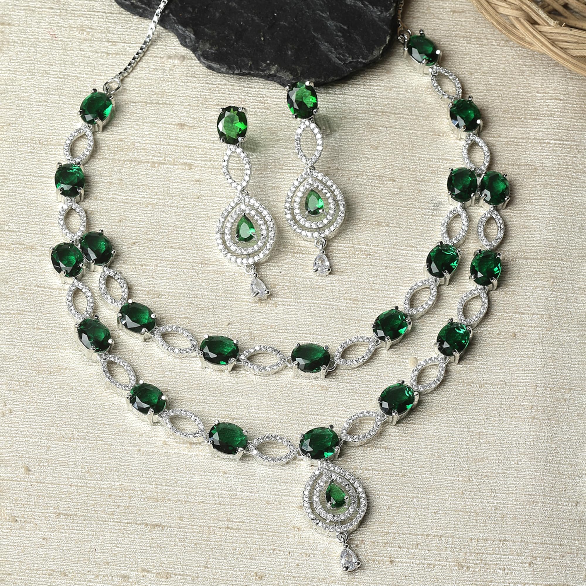Abstract Necklace & Earrings Set Rhodium-Plated AD Studded