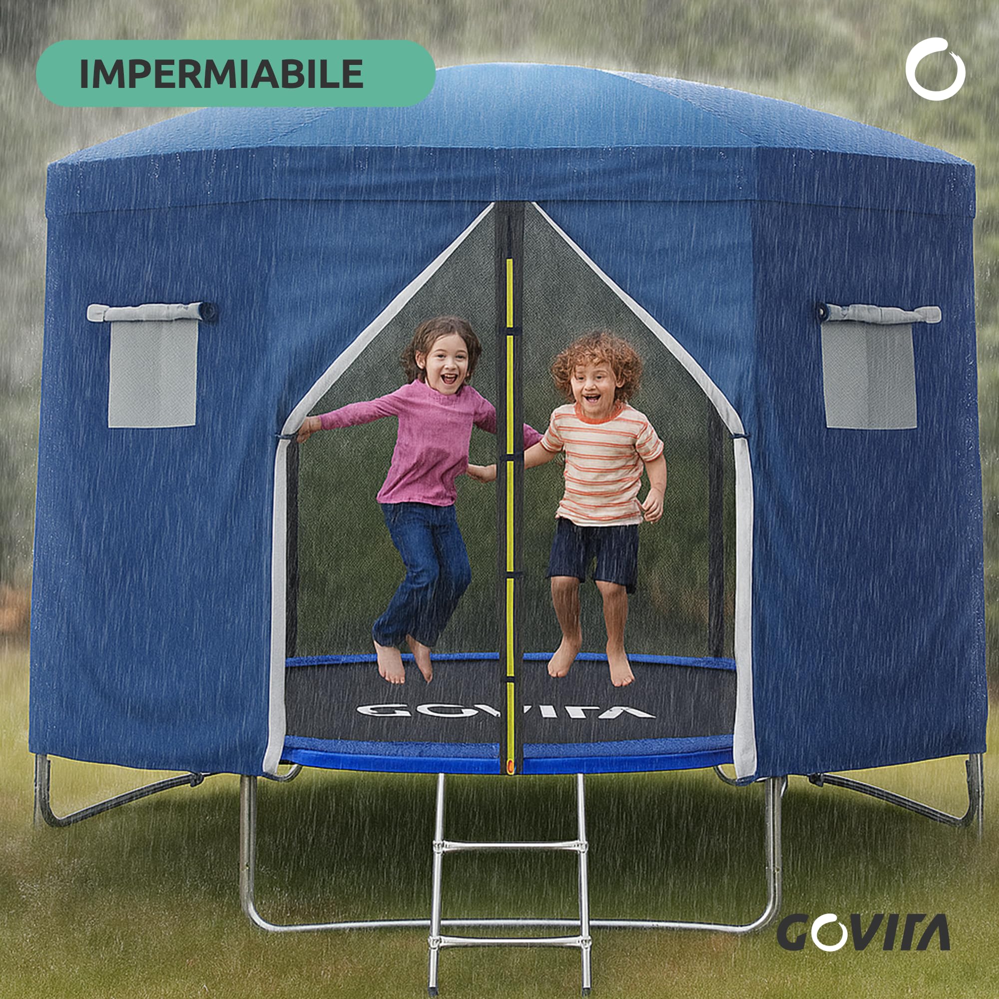 GOVITA Tenda per Trampolino 250 cm con Rete, Copertura Parasole e Antipioggia, Tetto Impermeabile UV per Trampolino da Giardino, Gazebo Trampolino per Bambini, Protezione Sole, Vento e Pioggia | Traspirante ed Impermeabile