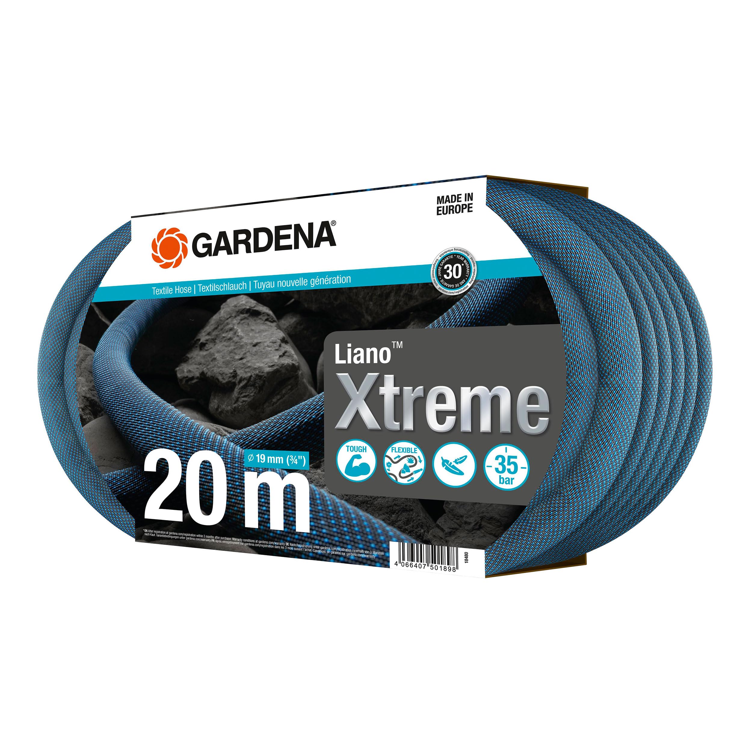 Gardena Liano Xtreme 3/4 inch, 20m set: Extremely robust textile garden hose, for indoor water taps, with PVC inner tube, lightweight, weather-resistant (18480-20)