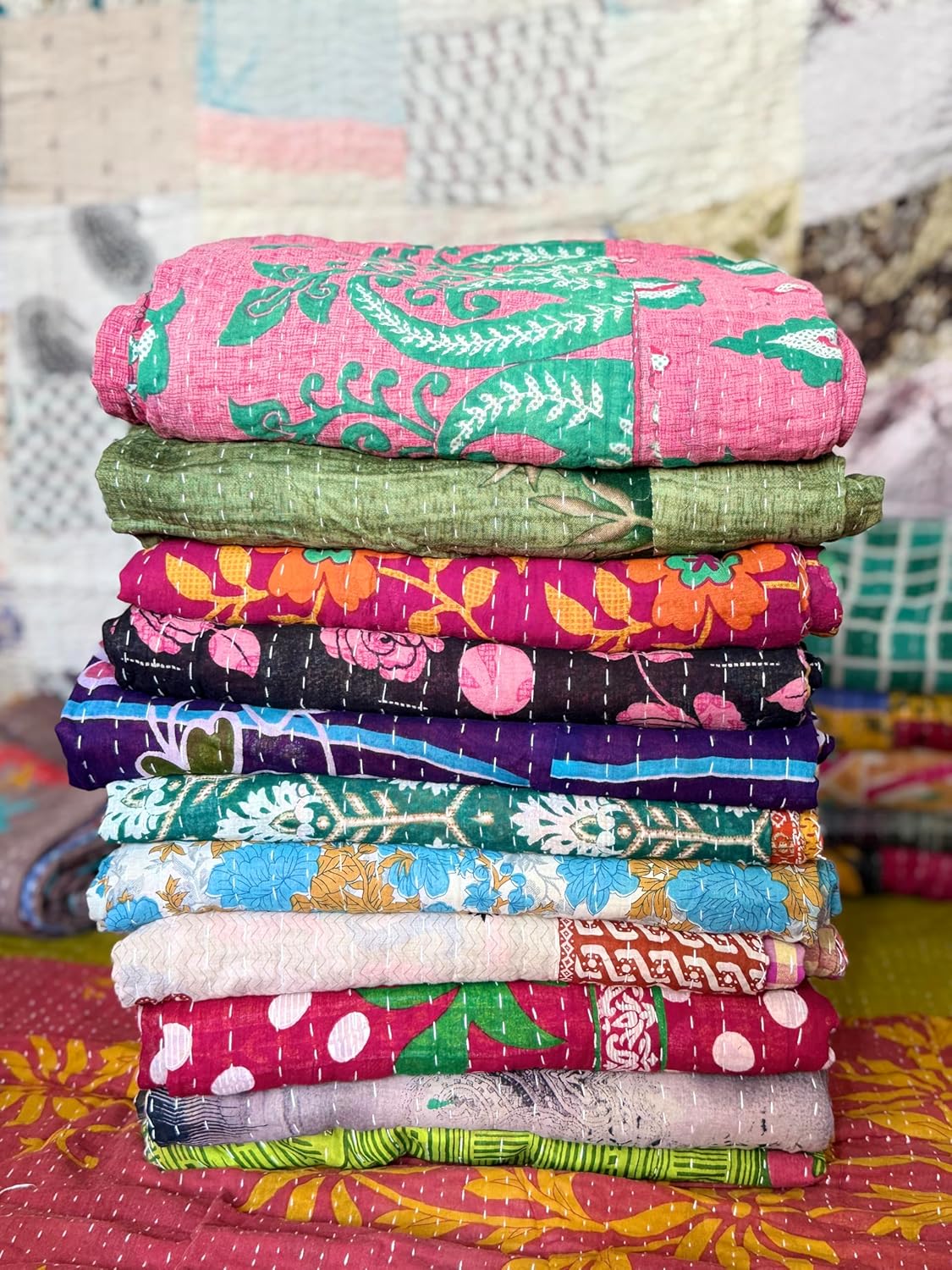 2 Piece Handmade Indian Vintage Kantha Quilts Reversible Bohemian Home Decor Blanket – Assorted Color Twin Size 85X55 Inches