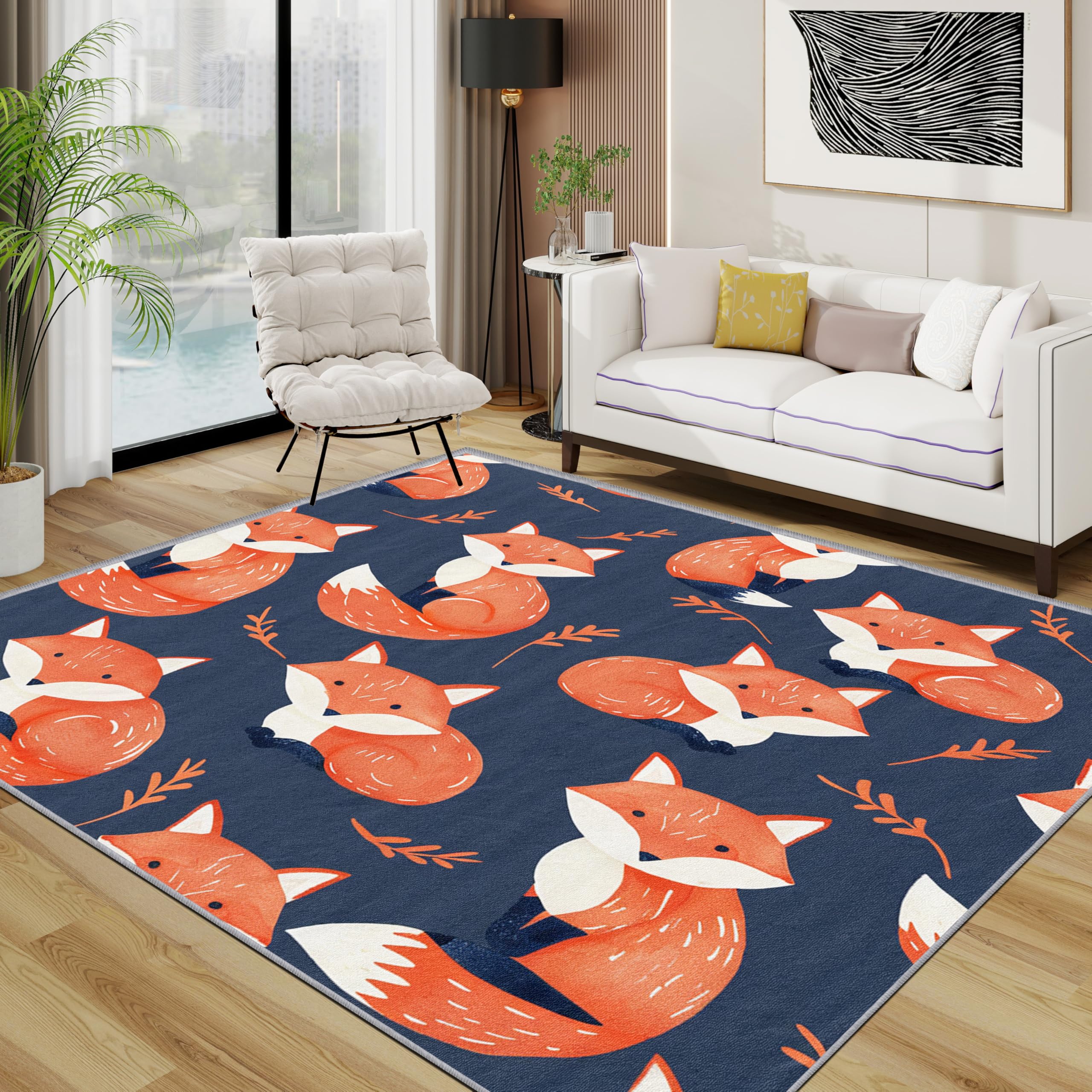 Fox Rugs Living Room Large 140x200 - Red Forest Woodland Animal Bedroom Rug, Cute Cartoon Kids Washable Non Slip Low Pile Carpet, Fox House Decor