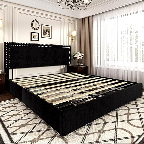 Miniatura 166 de VECELO Base de cama de tamaño matrimonial con cabecera tapizada ajustable, plataforma de listones de madera, diseño sin ruido, fácil montaje Negro