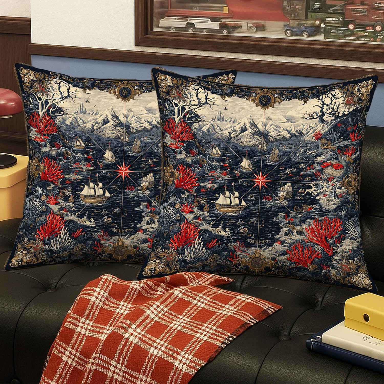 Red Coral Nautical Pillow Covers Set of 2, Ocean Map Decorative Throw Cushions, Vintage Sailboat Coastal Pillows for Bedroom Sofa Couch Décor 32x32 Inch
