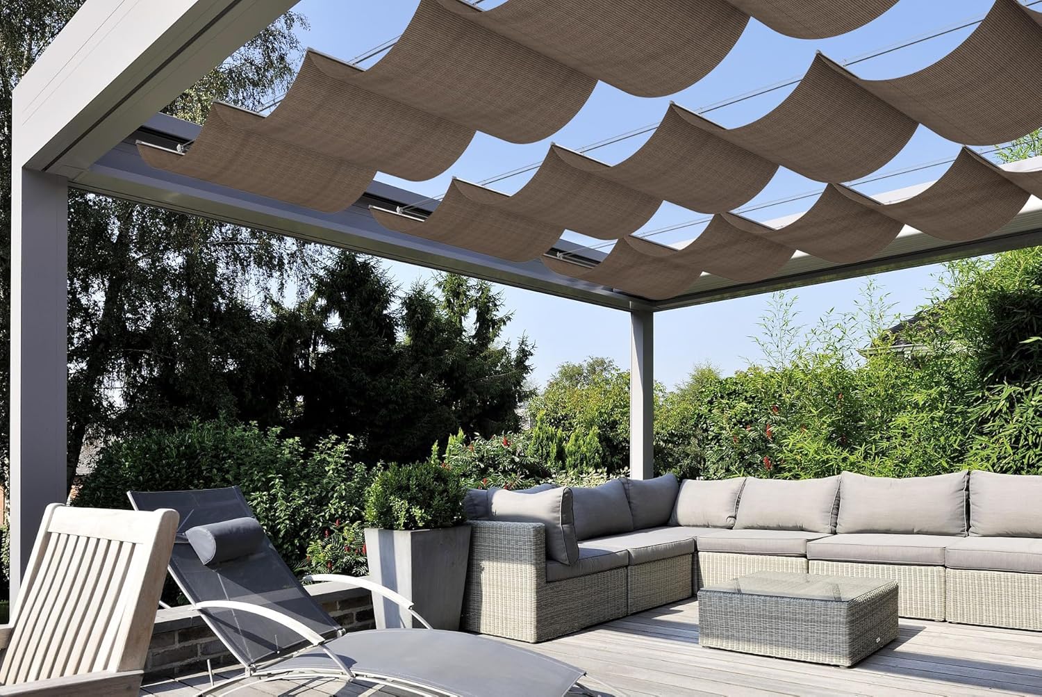 COARBOR 3'Wx12'L Pergola Shade Cover Retractable Shade Awning Slide Flexible Canopy for Patio Deck Porch Hang Down U Shape Wave Shade Cover Wire Cable Hardware Included Brown