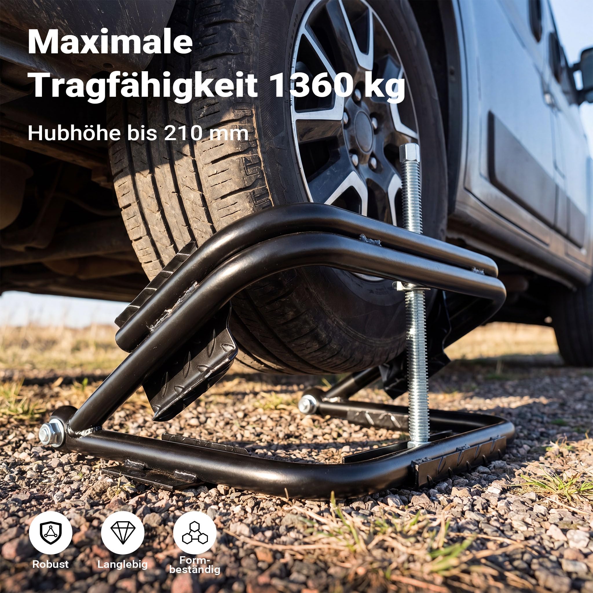 Wiltec Wagenheber für Wohnmobil bis 1360 kg, Nivellierer Wohnwagen 14“-15“ Reifen, robuster Ausgleichskeil Stahl, Auffahrkeil inkl. Schraubenschlüssel