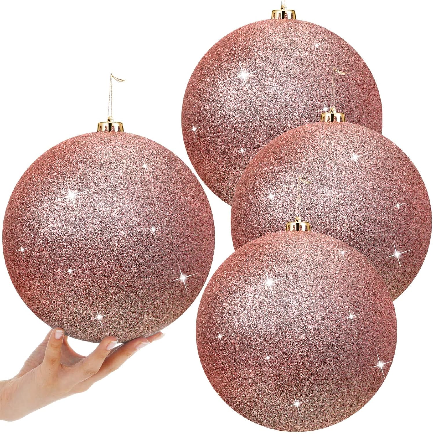 Zubebe 4 Pcs Extra Large Christmas Ball Ornaments Glitter 8'' (200 Mm) Giant Oversized Plastic Xmas Ball Big Hanging Christmas Tree Ornaments for Holiday Party Outdoor Decor(Shiny Rose Gold)