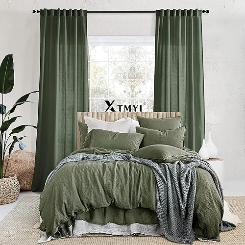 Miniatura 7 de XTMYI Juego de 2 paneles de cortinas de lino transparente de 102 pulgadas de largo, color verde oliva, cinturón de gancho, pestaña trasera, mezcla
