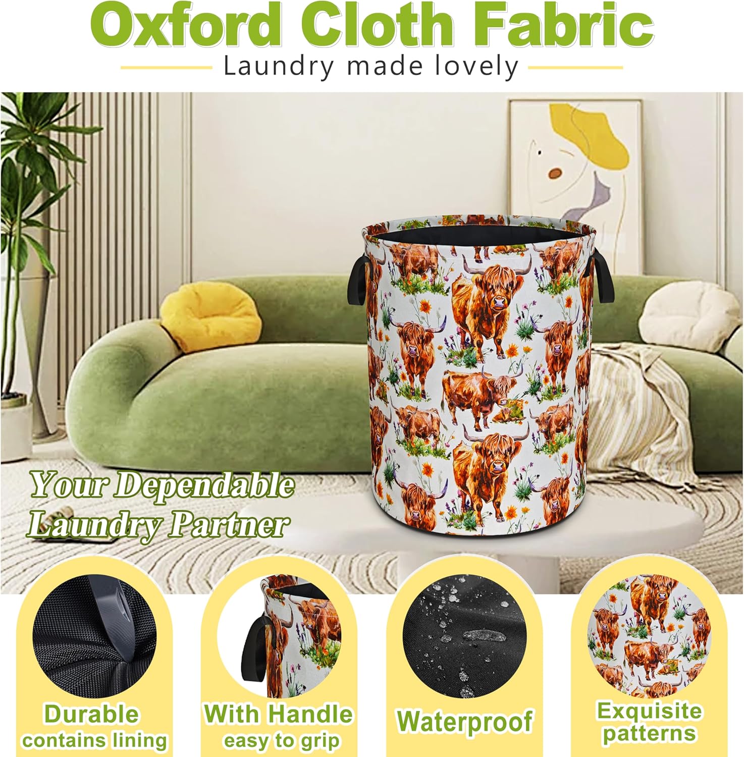 Highland Cow Laundry Basket Funny Cattle Foldable Waterproof Oxford Cloth Tote Bag Laundry Hamper Round Large Clothes Storage Bucket Toy Organizer For Bathroom/Laundry Storage/Bedroom 18.9x16.5 Inch