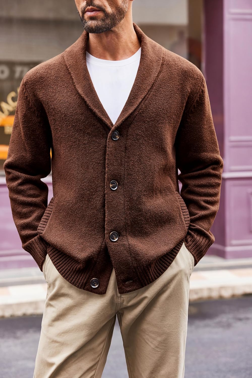 Runcati Mens Shawl Collar Cardigan Sweater Casual Button Down Winter Ribbed Chunky Knitted Sweaters - Image 2