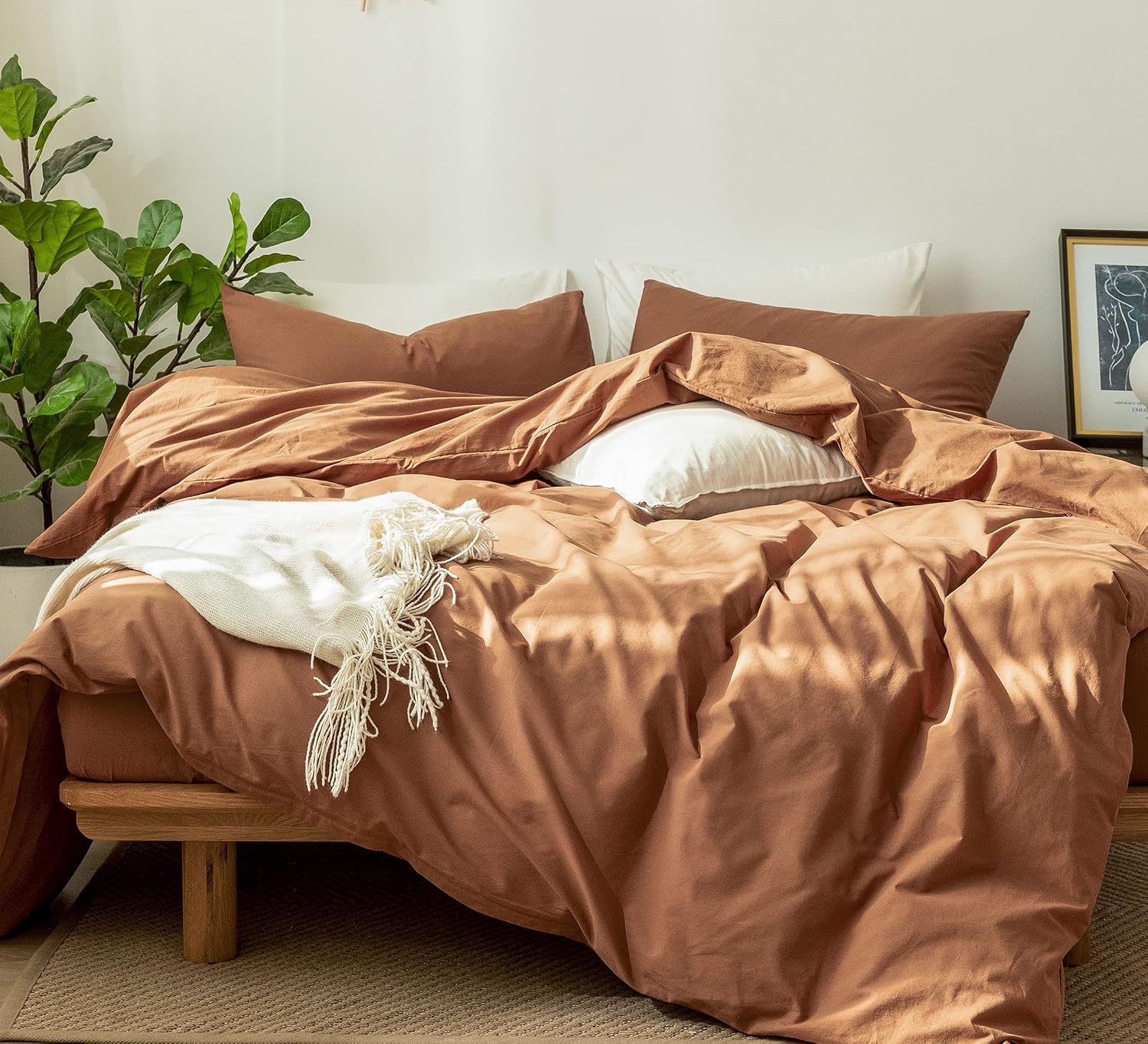 MooMee Bedding Duvet Cover Set 100% Washed Cotton Linen Like Textured Breathable Durable Soft Comfy (Dark Orange, King)